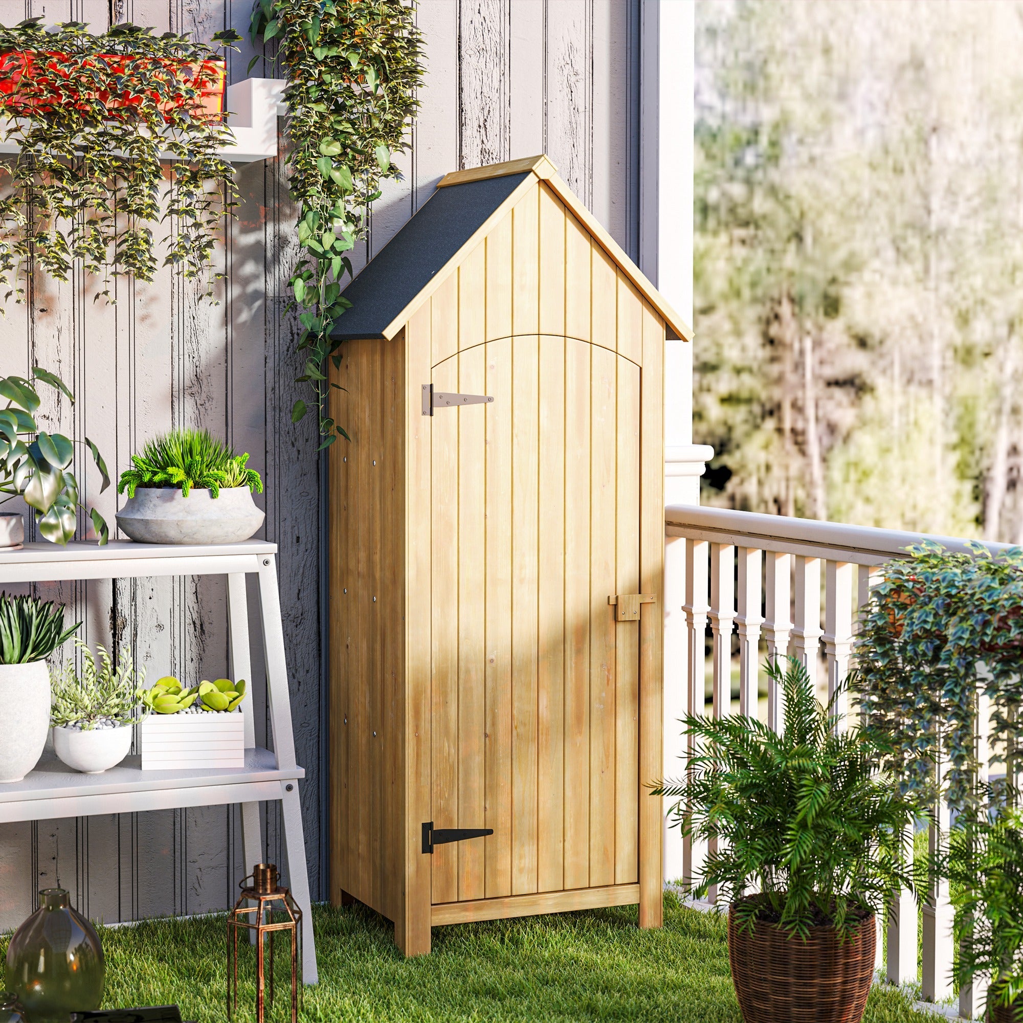 Outsunny Small Shed, Wooden Garden Spacious Storage Shed with 3 Shelves, Outdoor Tool Spacious Storage Cabinet with Tilt Roof and Lockable Door, 77.5 x 54.2 x 179.5 cm, Natural Outsunny Small Shed, Wooden Garden Spacious Storage Shed with 3 Shelves, Outdoor Tool Spacious Storage Cabinet with Tilt Roof and Lockable Door, 77.5 x 54.2 x 179.5 cm, Natural