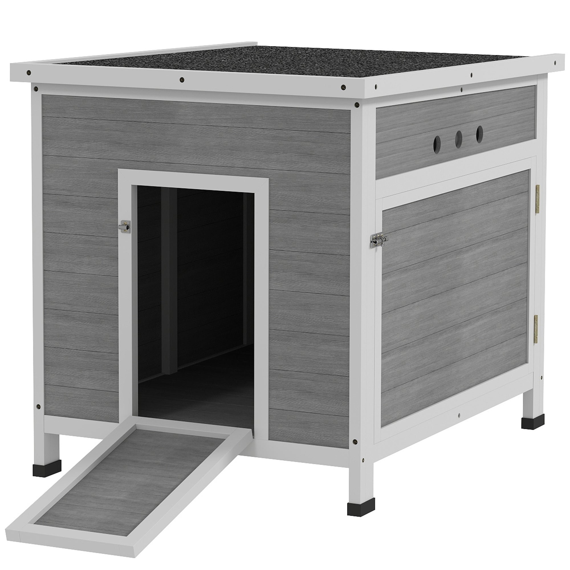 PawHut Wooden Duck House with Ramp, Double Doors, Openable Asphalt Roof, Ventilation Holes, Removable Base, Light in Sophisticated Grey PawHut Wooden Duck House with Ramp, Double Doors, Openable Asphalt Roof, Ventilation Holes, Removable Base, Light in Sophisticated Grey