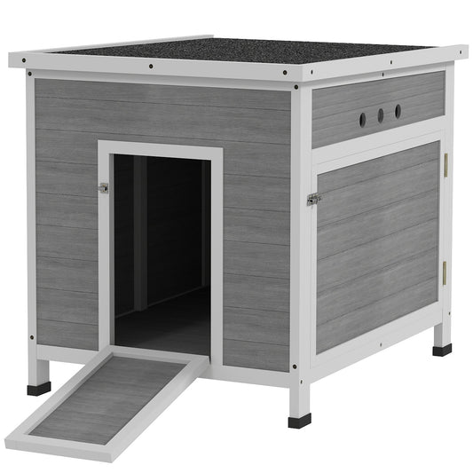 PawHut Wooden Duck House with Ramp, Double Doors, Openable Asphalt Roof, Ventilation Holes, Removable Base, Light in Sophisticated Grey