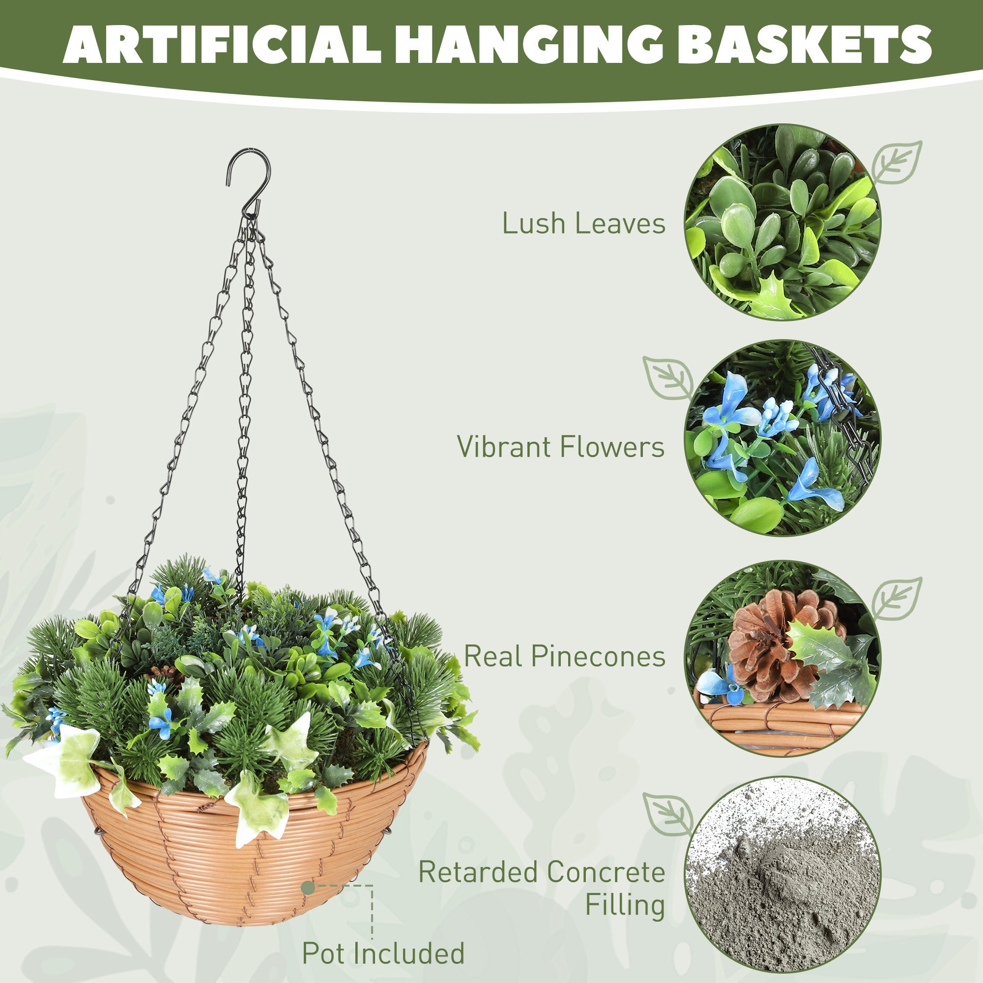 Elegant HOMCOM Artificial Flowers in Basket Set of 2, Artificial Hanging Baskets with PE Leaves, 18 Flowers and 3 Pinecones in Pot, Decorative Faux Plant for Home Office Decor, Green Elegant HOMCOM Artificial Flowers in Basket Set of 2, Artificial Hanging Baskets with PE Leaves, 18 Flowers and 3 Pinecones in Pot, Decorative Faux Plant for Home Office Decor, Green