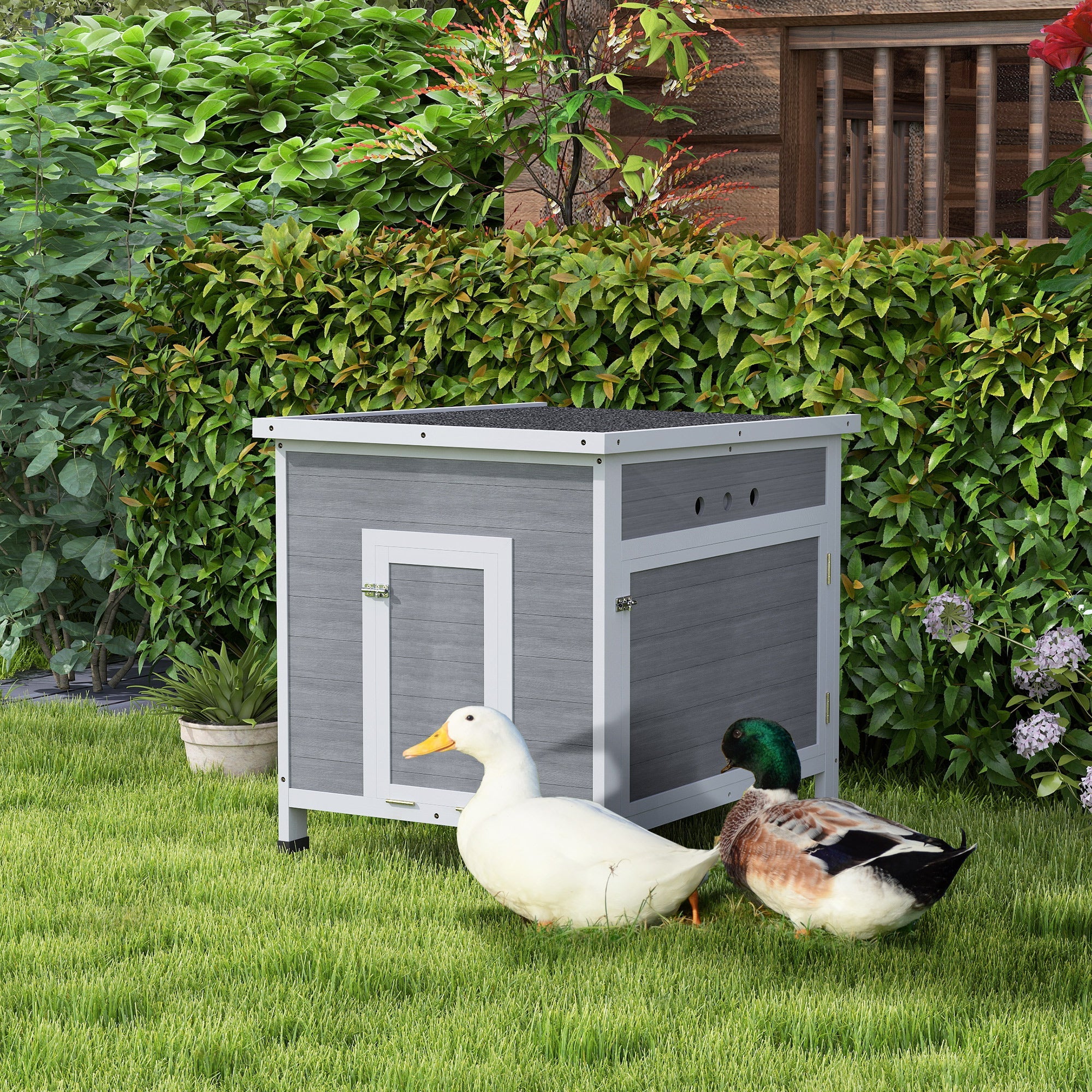 PawHut Wooden Duck House with Ramp, Double Doors, Openable Asphalt Roof, Ventilation Holes, Removable Base, Light in Sophisticated Grey PawHut Wooden Duck House with Ramp, Double Doors, Openable Asphalt Roof, Ventilation Holes, Removable Base, Light in Sophisticated Grey