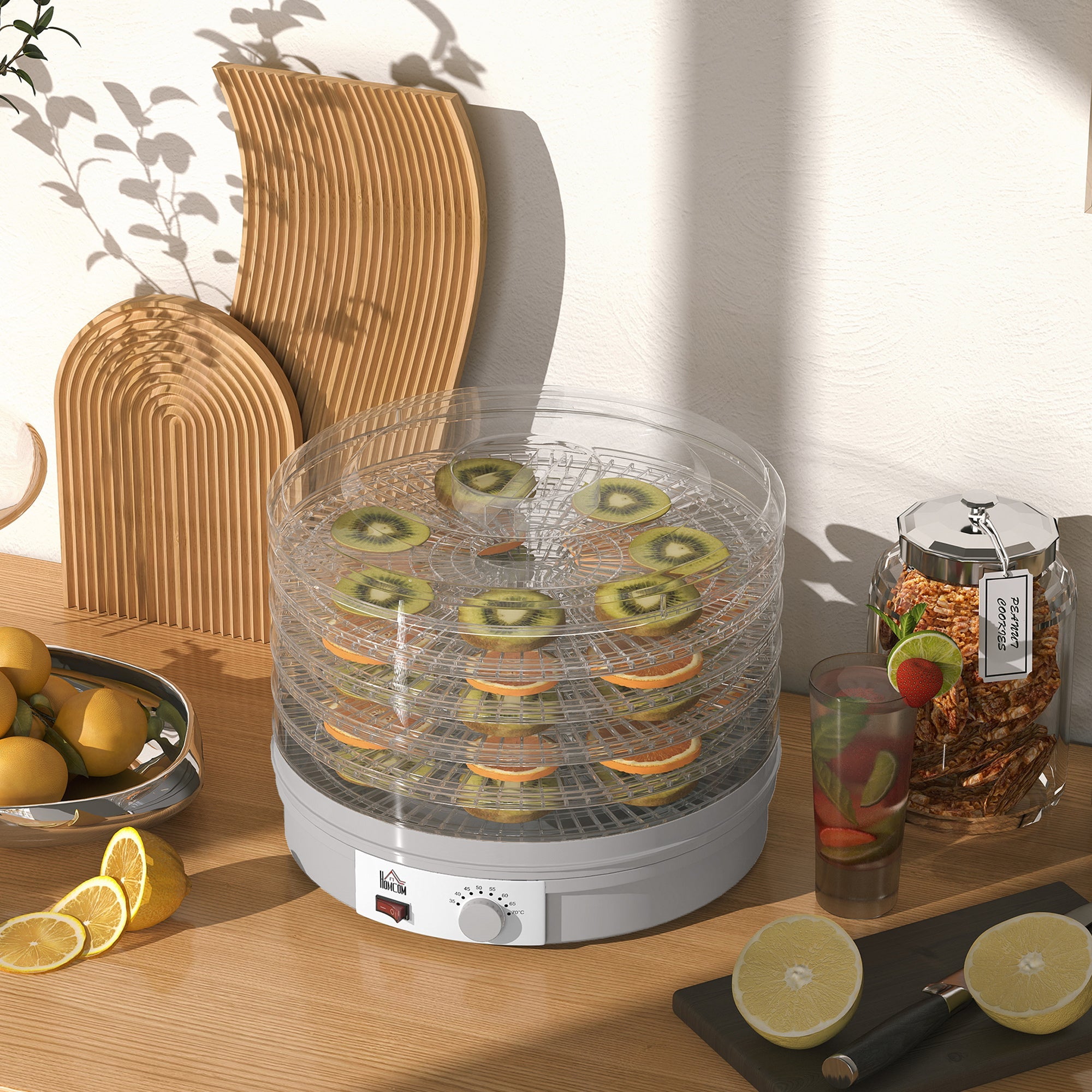 Elegant HOMCOM 5 Tier Food Dehydrator, 245W Food Dryer Machine with Adjustable Temperature Control for Drying Fruit, Meat, Vegetable, Jerky and Pet Treat, in Sophisticated Grey Elegant HOMCOM 5 Tier Food Dehydrator, 245W Food Dryer Machine with Adjustable Temperature Control for Drying Fruit, Meat, Vegetable, Jerky and Pet Treat, in Sophisticated Grey
