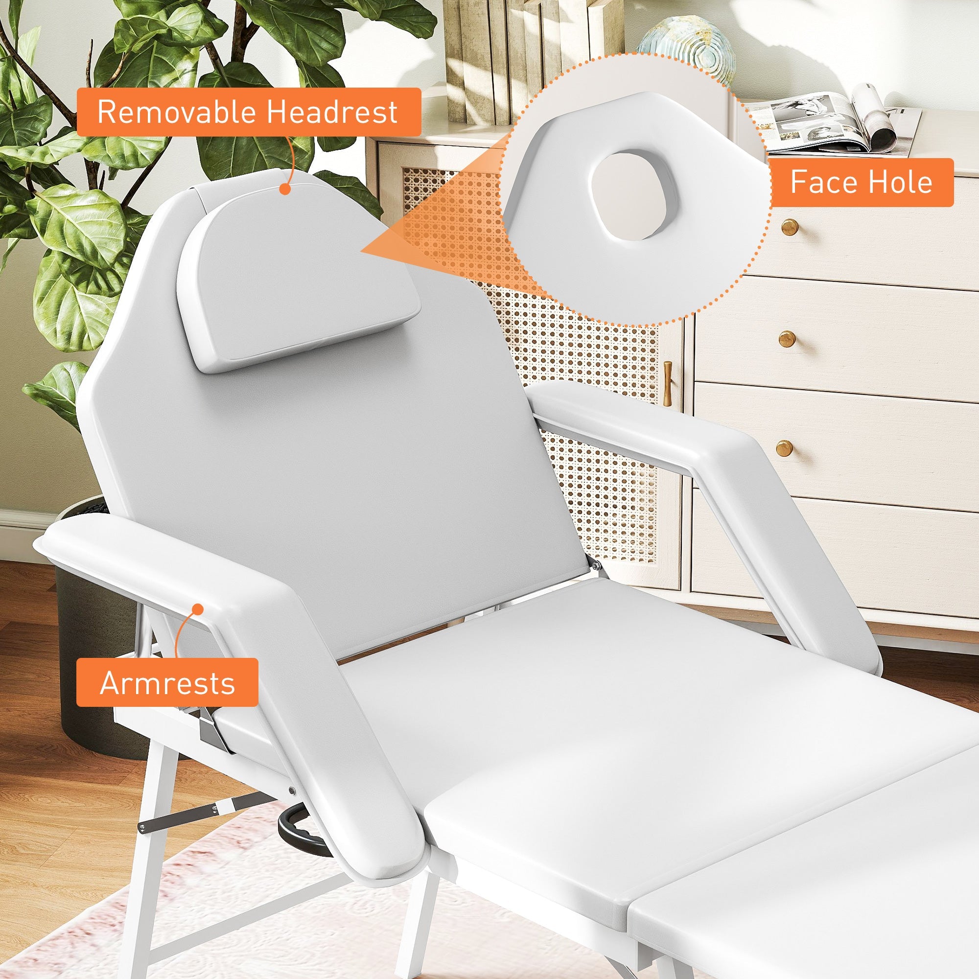 Elegant HOMCOM Portable Massage Table, 3 Section Adjustable Beauty Bed, Foldable Massage Bed with Face Hole, Recliner Chair with Removable Headrest and Armrests for Spa, Lash, Tattoo, White