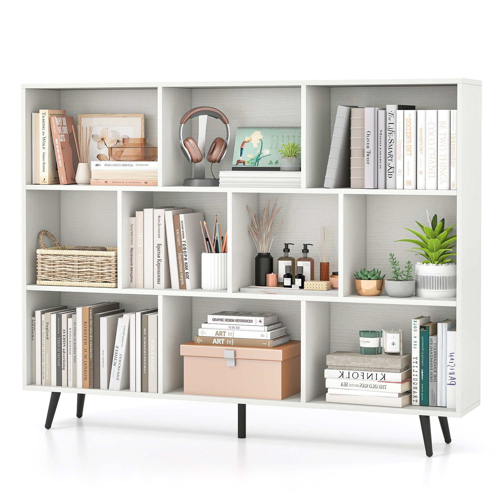 10-Cube Bookcase 140 CM Spacious Storage Organizer with 5 Tapered Metal Legs-