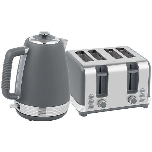 Elegant HOMCOM Stainless Steel Kettle and Toaster Set, 1.7L 3000W Rapid Boil Jug Kettle with UK Strix Thermostat, Limescale Filter, 4 Slice Toaster with 7 Browning Controls, Crumb Tray, in Sophisticated Grey and Silver Tone