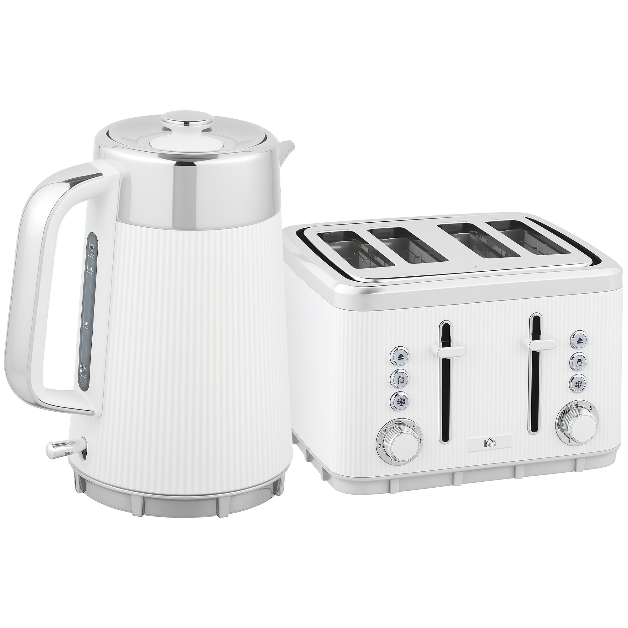 Elegant HOMCOM Electric Kettle and Toaster Set, 3000W 1.7L UK Strix Thermostat Rapid Boil Jug Kettle with Limescale Filter, Cool Touch Body, 4 Slice Toaster with 7 Browning Controls, Crumb Tray, White