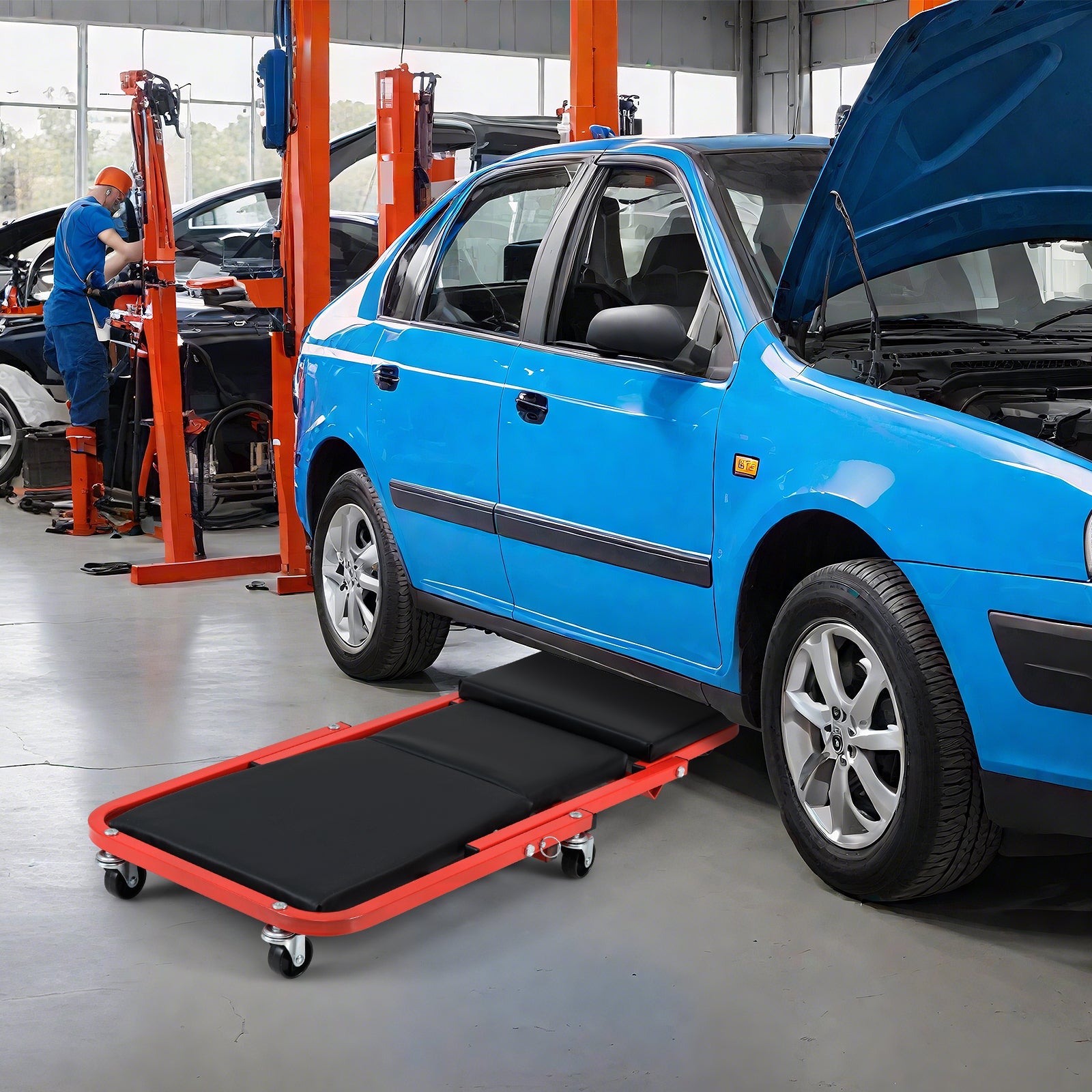 2-in-1 Rolling Creeper Seat Folding Creeper with 6 Universal Wheels