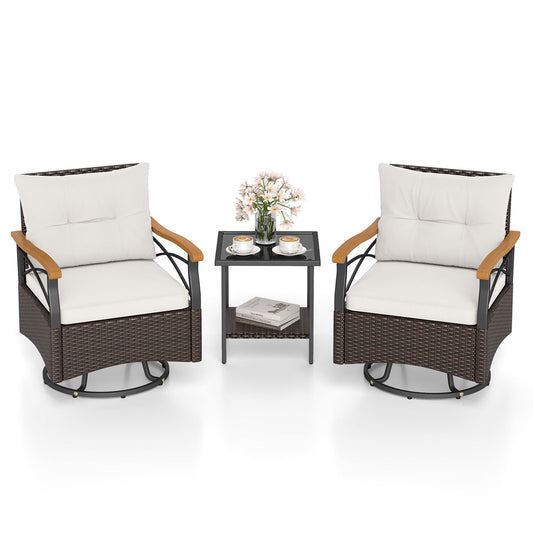 3 Piece Outdoor Swivel Chair Set Patio Wicker Rotating Chairs with Table-