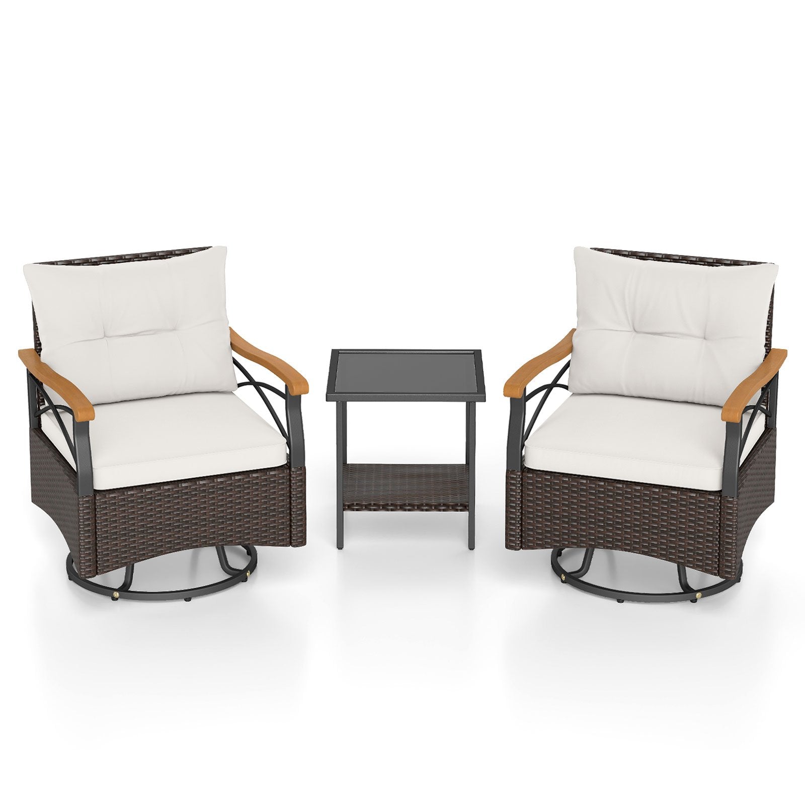 3 Piece Outdoor Swivel Chair Set Patio Wicker Rotating Chairs with Table-