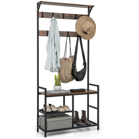 3-in-1 Coat Rack Freestanding Industrial Entryway Spacious Storage Shelf-