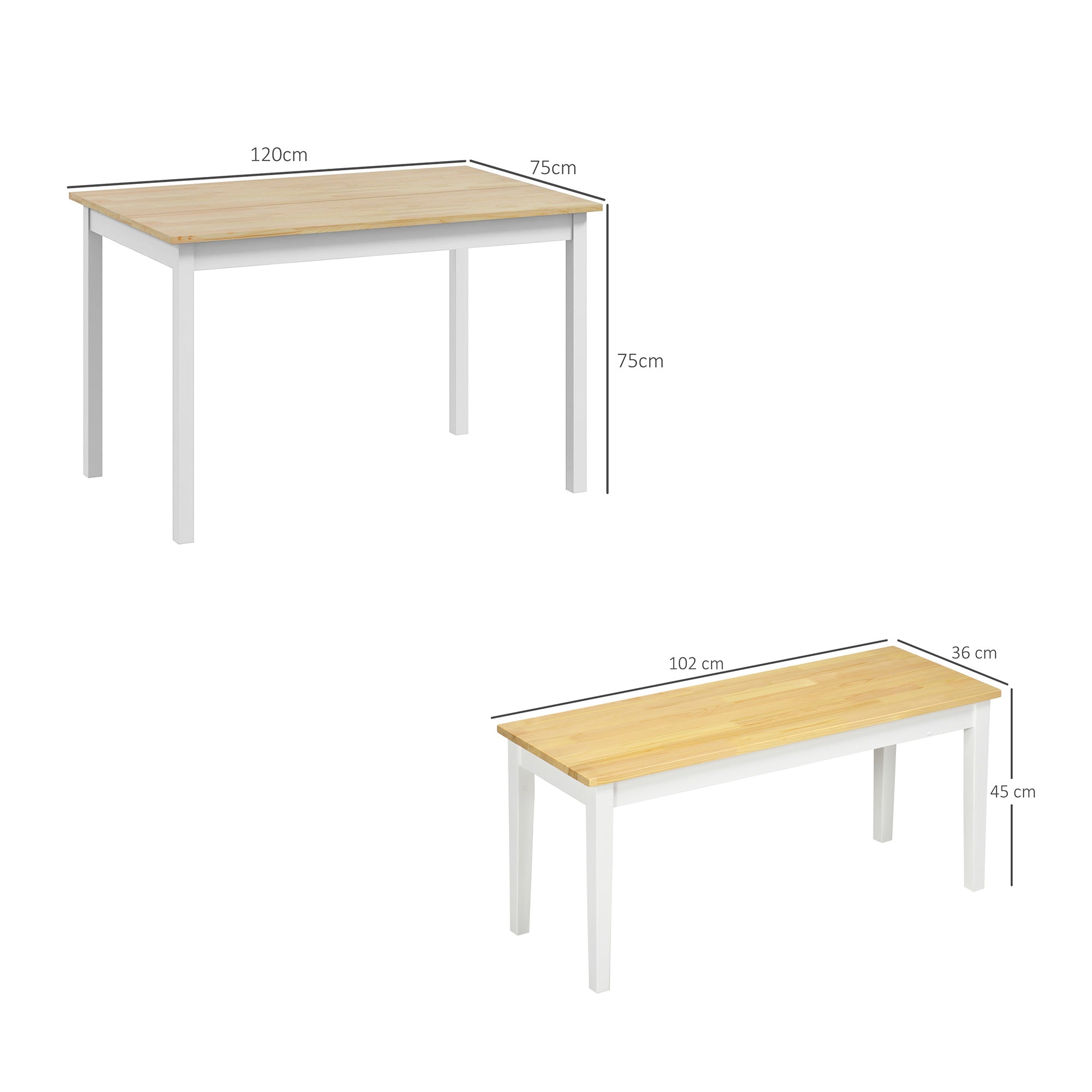 Elegant HOMCOM Dining Table and Modern Bench Set, Farmhouse Kitchen Table and Modern Bench with Wooden Frame for Living Room, Dining Room, Natural and White