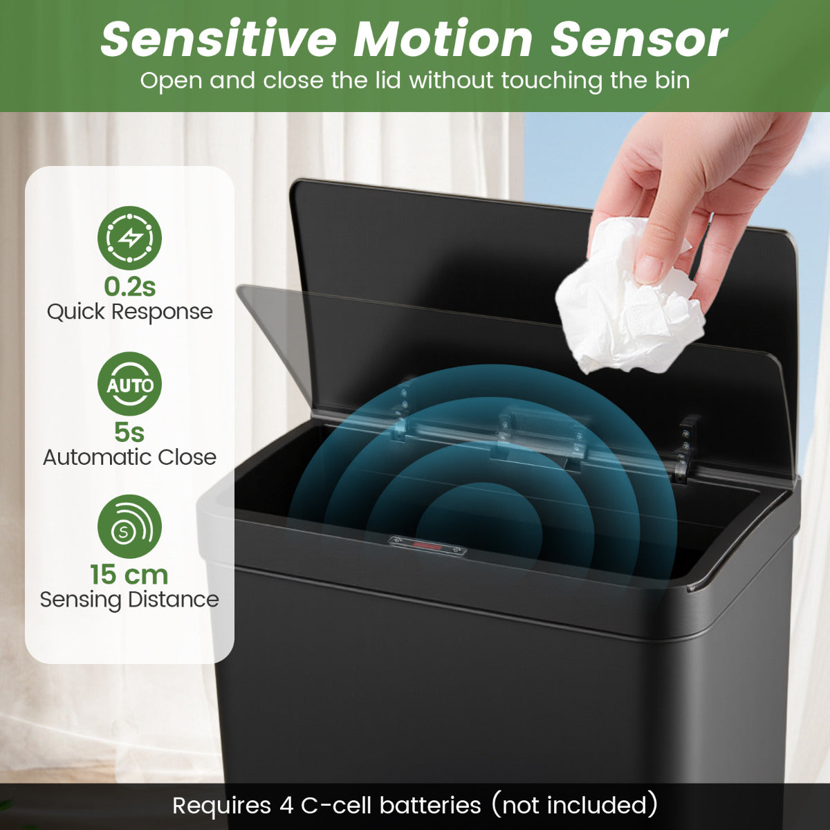 56L Stainless Steel Trash Can Touchless Recycling Garbage Bin-