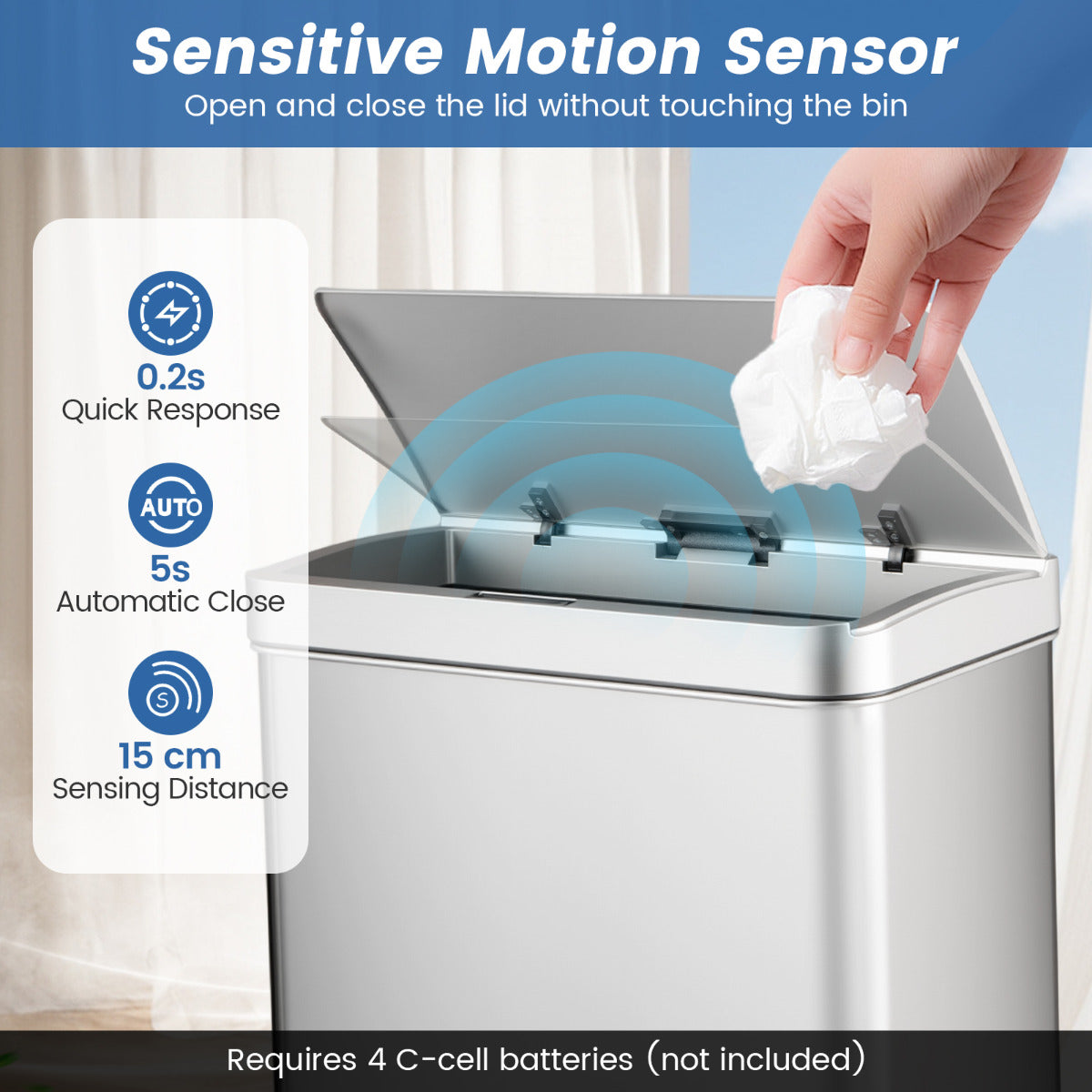 56L Stainless Steel Trash Can Touchless Recycling Garbage Bin-