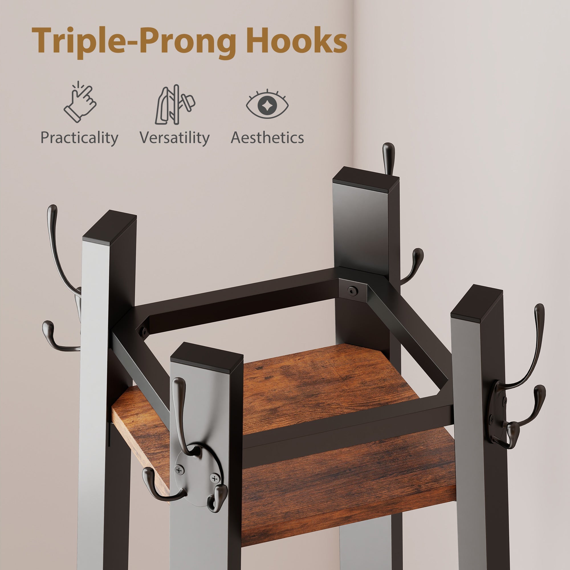 Elegant HOMCOM Industrial Coat Stand with 8 Hooks and 4 Shelves - Rustic Brown