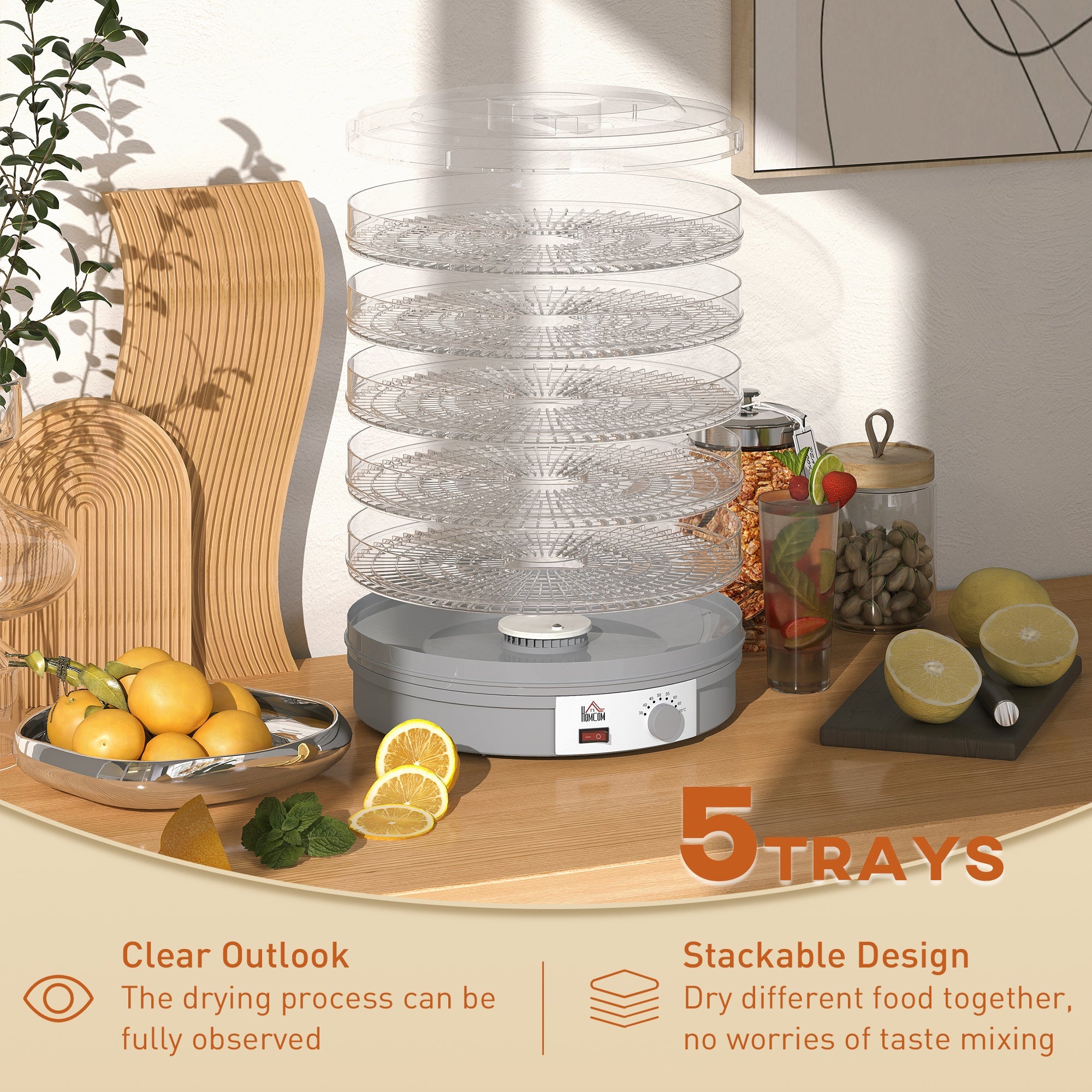 Elegant HOMCOM 5 Tier Food Dehydrator, 245W Food Dryer Machine with Adjustable Temperature Control for Drying Fruit, Meat, Vegetable, Jerky and Pet Treat, in Sophisticated Grey