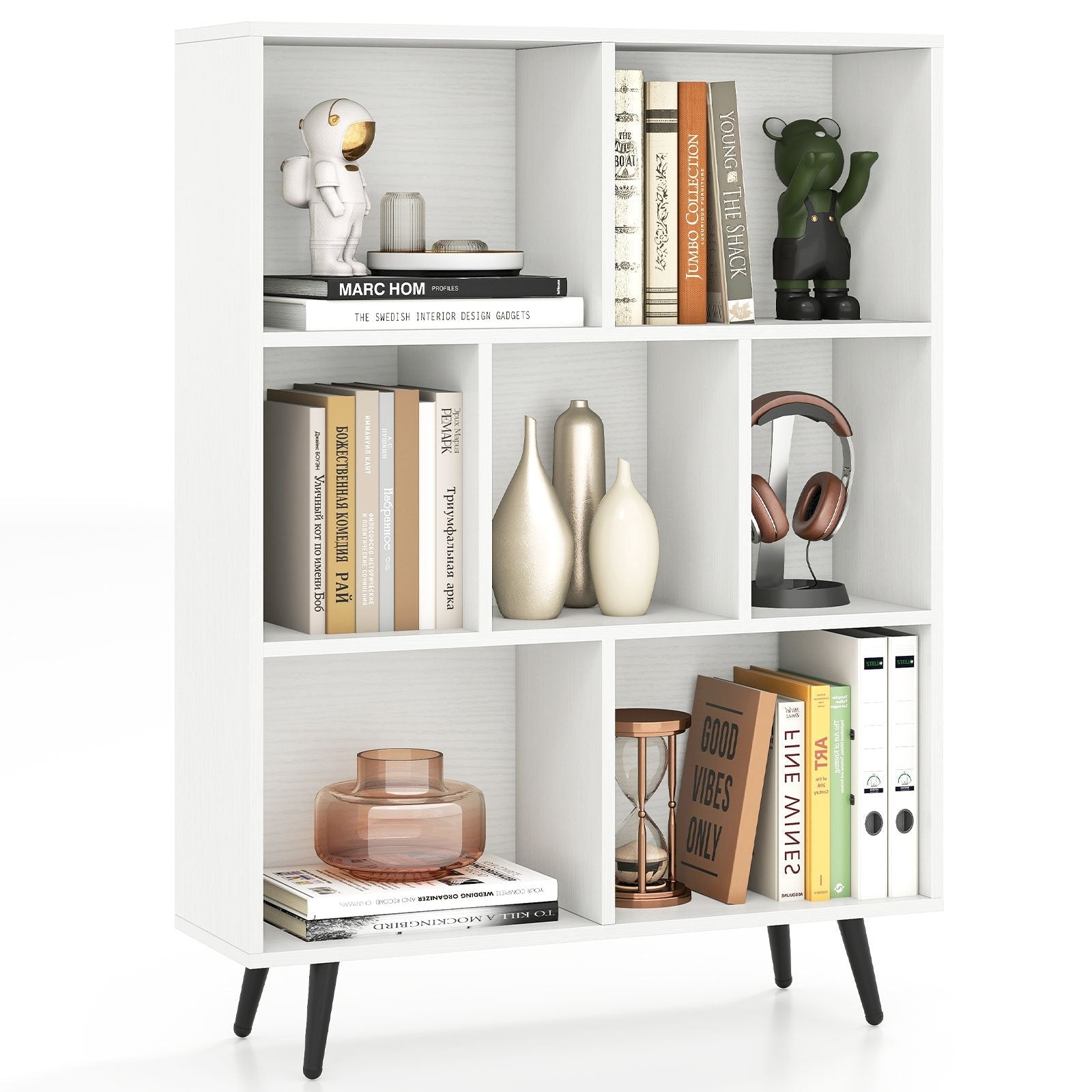 7-Cube Bookcase Mid Century Modern Spacious Storage Organizer with 4 Tapered Metal Legs-