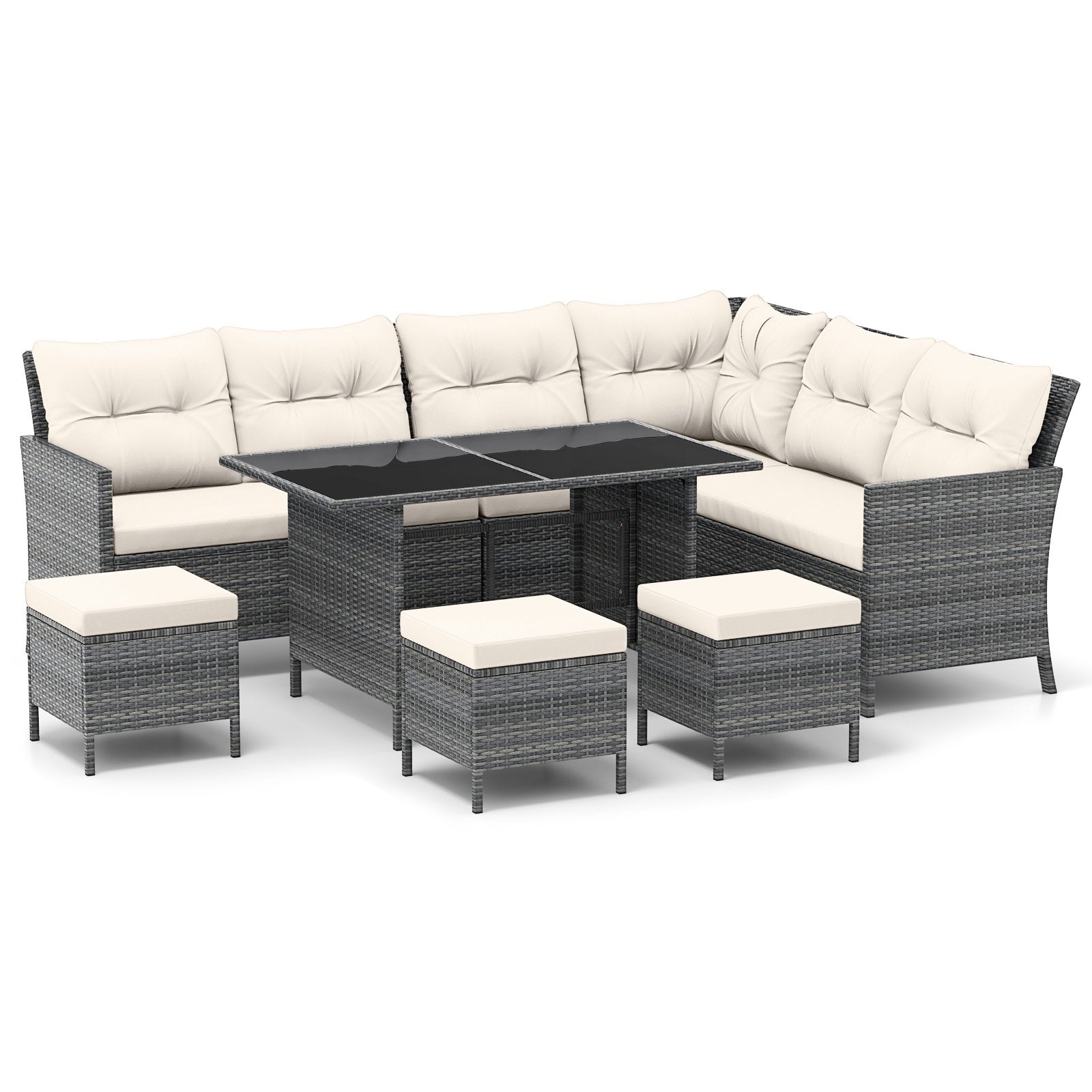 7 Pieces Patio Dining Furniture Set Outdoor PE Rattan Sectional Sofa Set-Off White