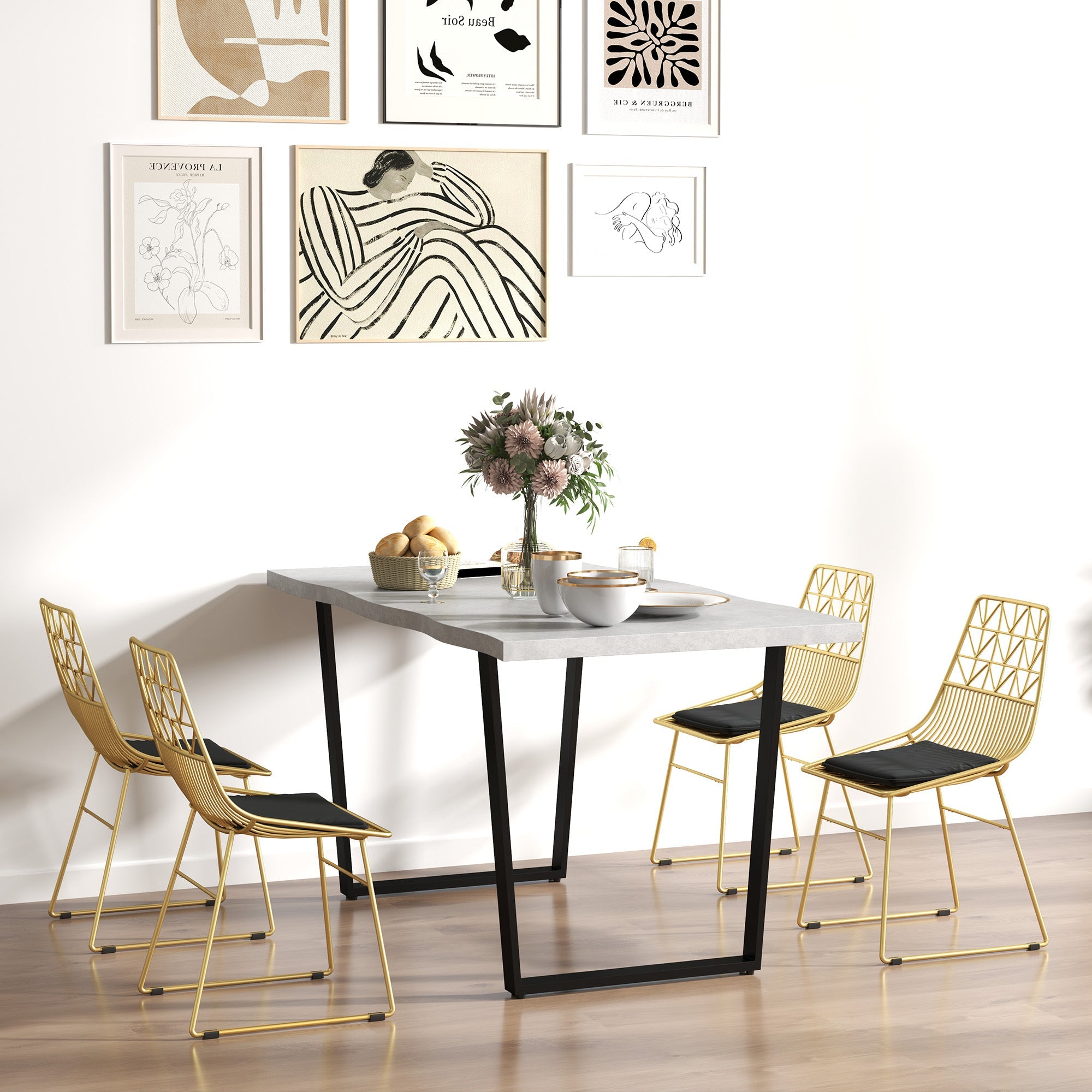 Elegant HOMCOM Luxurious Dining Chairs Set of 4, Metal Wire Kitchen Chair with Removable Velvet-feel Cushion, Cut-out Back and Steel Frame for Dining Room, Gold Tone