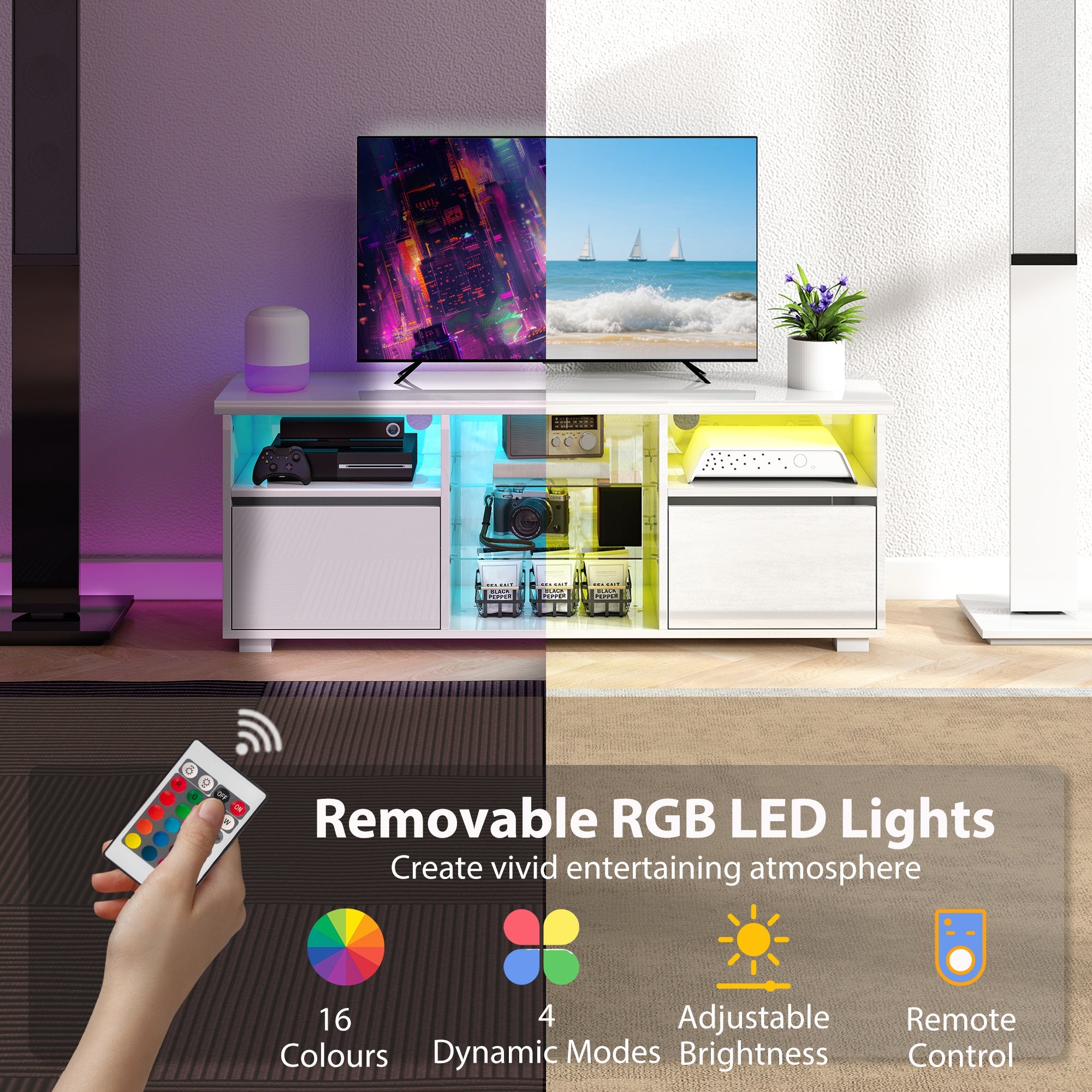 Elegant HOMCOM TV Stand Cabinet with LED Lights - High Gloss White