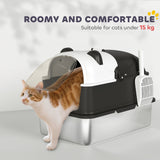 PawHut Panda Style XL Stainless Steel Cat Litter Box with Lid, Enclosed Kitty Litter Box with Scoop, 60 x 40 x 45 cm