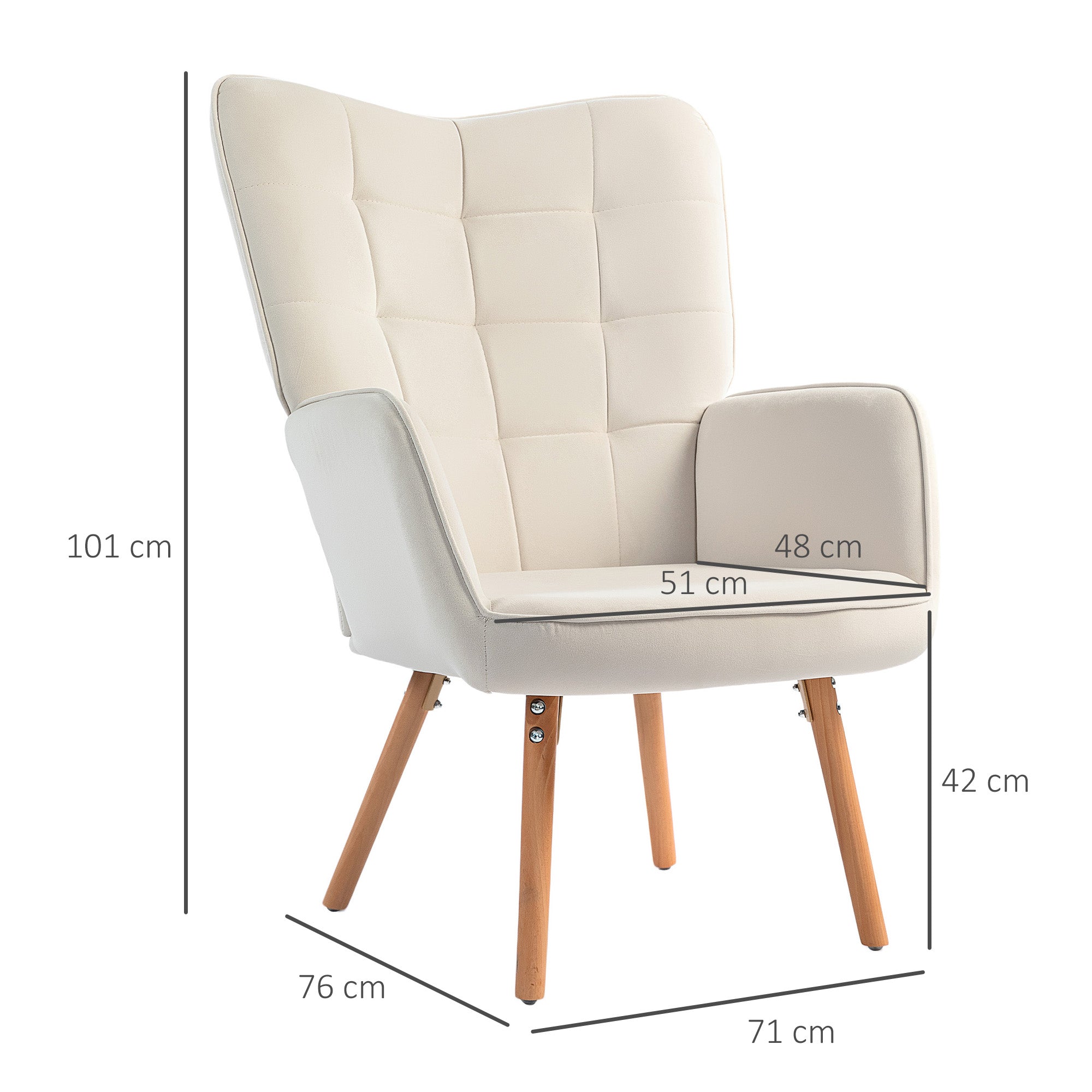 Elegant HOMCOM Modern Accent Chair Set of 2 Velvet-Touch Tufted Wingback Armchair Upholstered Leisure Lounge Sofa Club Chair with Wood Legs, Cream White