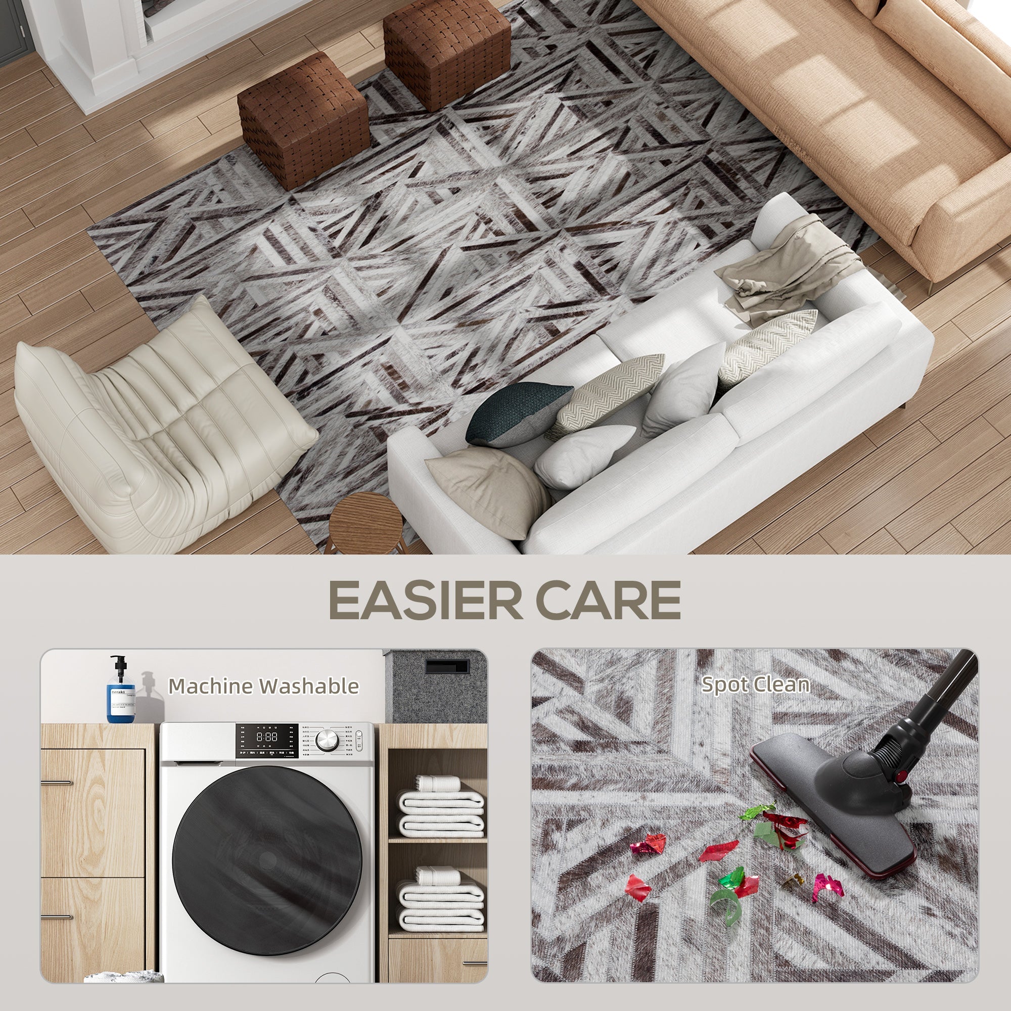 Elegant HOMCOM Modern Area Rug, Triangle Pattern Non-Slip Washable Rug, Chenille Floor Carpet for Living Room, Bedroom, Dining Room, Home Office, 290 x 200 cm, Brown