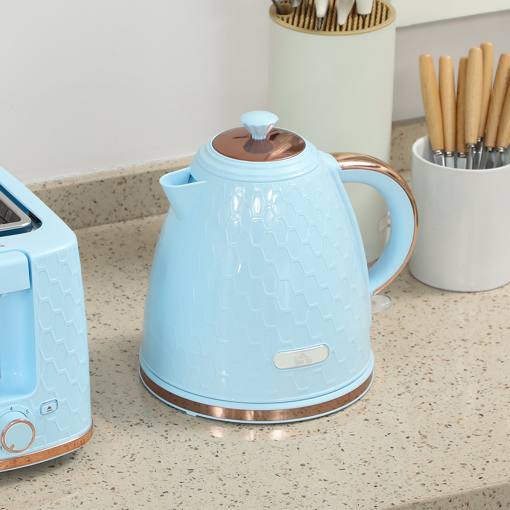 Elegant HOMCOM 1.7L 3000W Fast Boil Kettle & 2 Slice Toaster Set, Kettle and Toaster Set with Auto Shut Off, Browning Controls, Light Blue