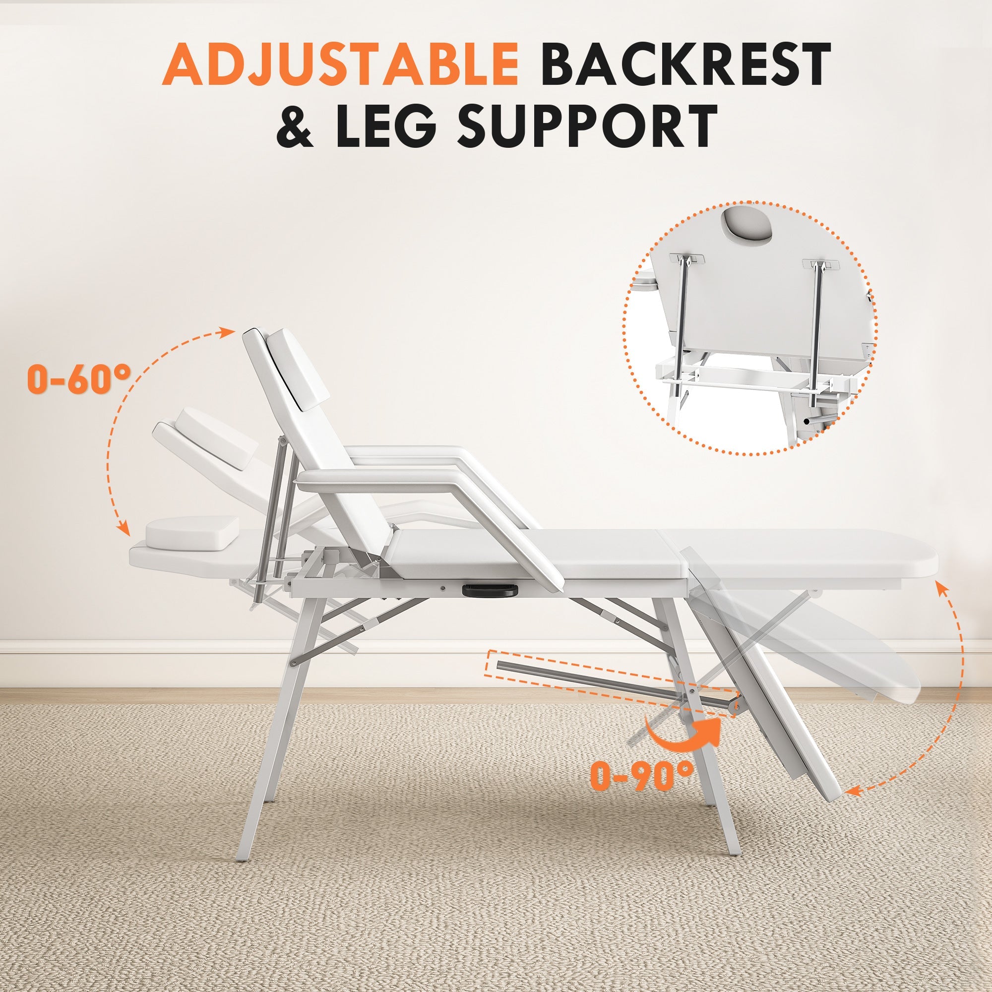 Elegant HOMCOM Portable Massage Table, 3 Section Adjustable Beauty Bed, Foldable Massage Bed with Face Hole, Recliner Chair with Removable Headrest and Armrests for Spa, Lash, Tattoo, White