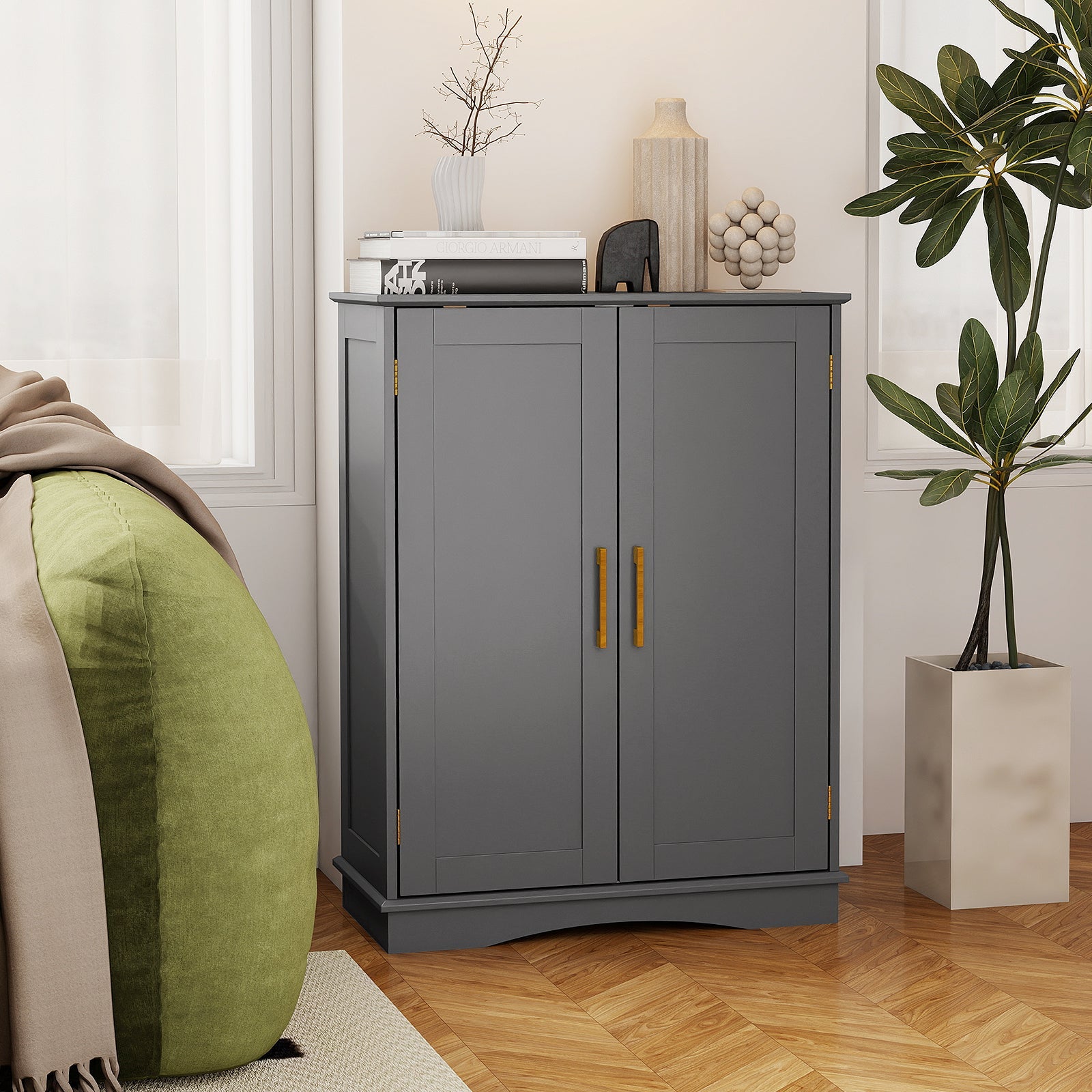 Bathroom Floor Spacious Storage Cabinet with 2 Doors and Adjustable Shelves-in Sophisticated Grey