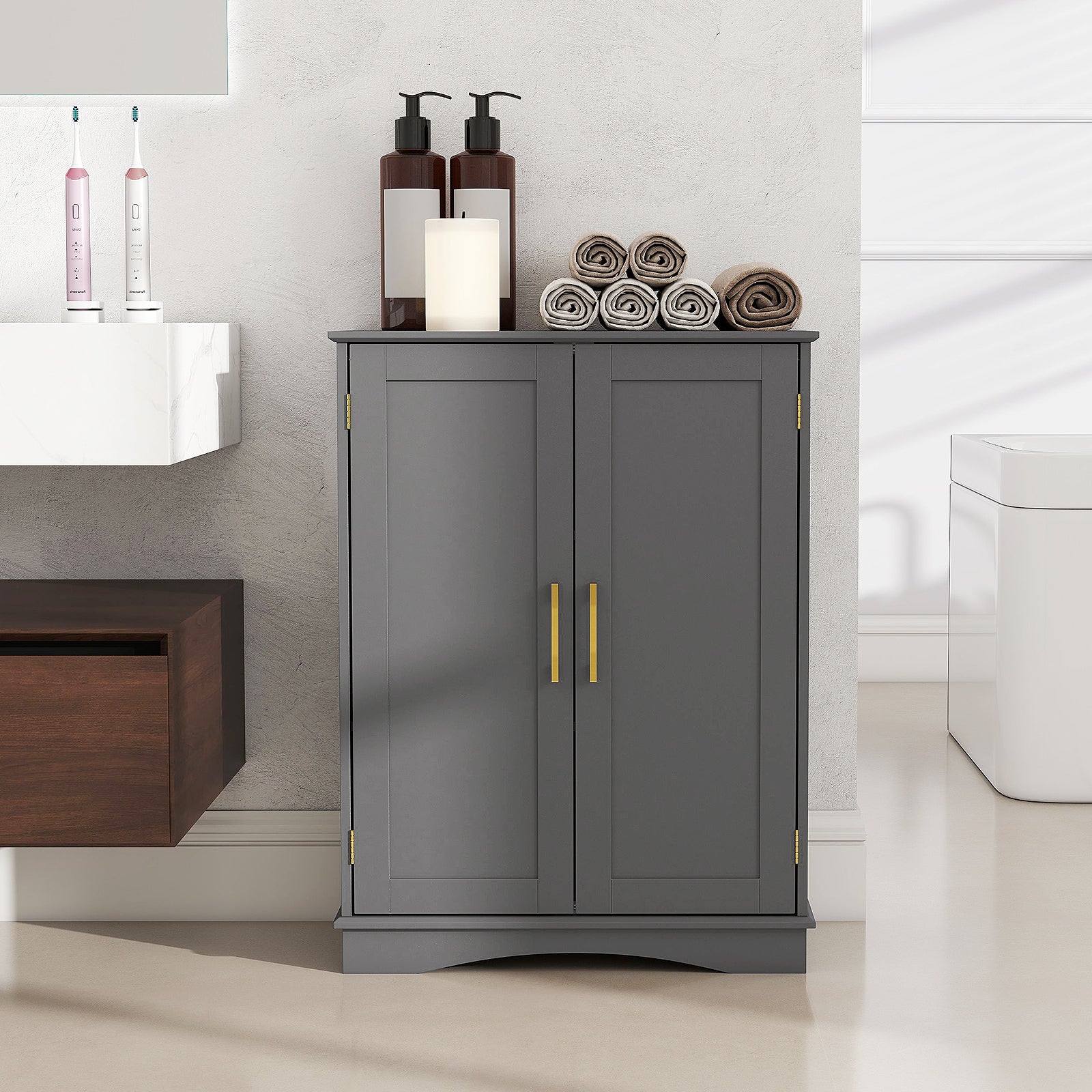 Bathroom Floor Spacious Storage Cabinet with 2 Doors and Adjustable Shelves-in Sophisticated Grey