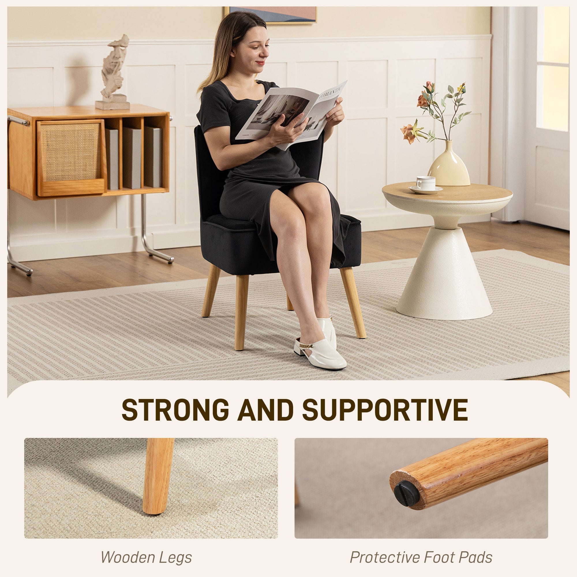 Elegant HOMCOM Modern Accent Chair, Fabric Living Room Chair with Rubber Wood Legs and Thick Padding, Black