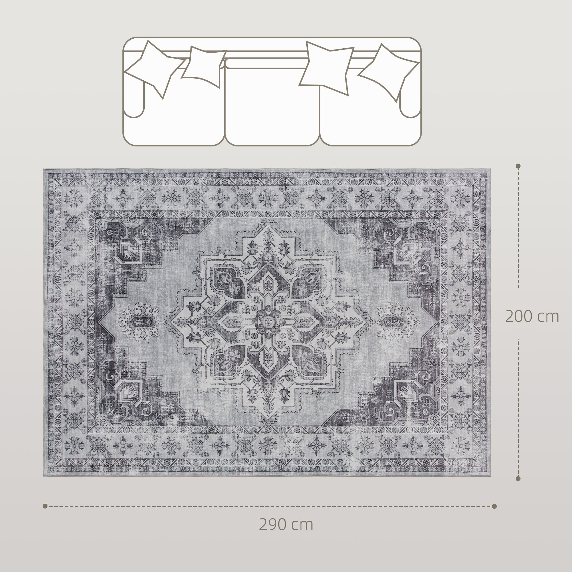 Elegant HOMCOM Vintage Area Rug, Non-Slip Washable Rug, Flannel Floor Carpet for Living Room, Bedroom, Dining Room, Home Office, 290 x 200 cm, in Sophisticated Grey