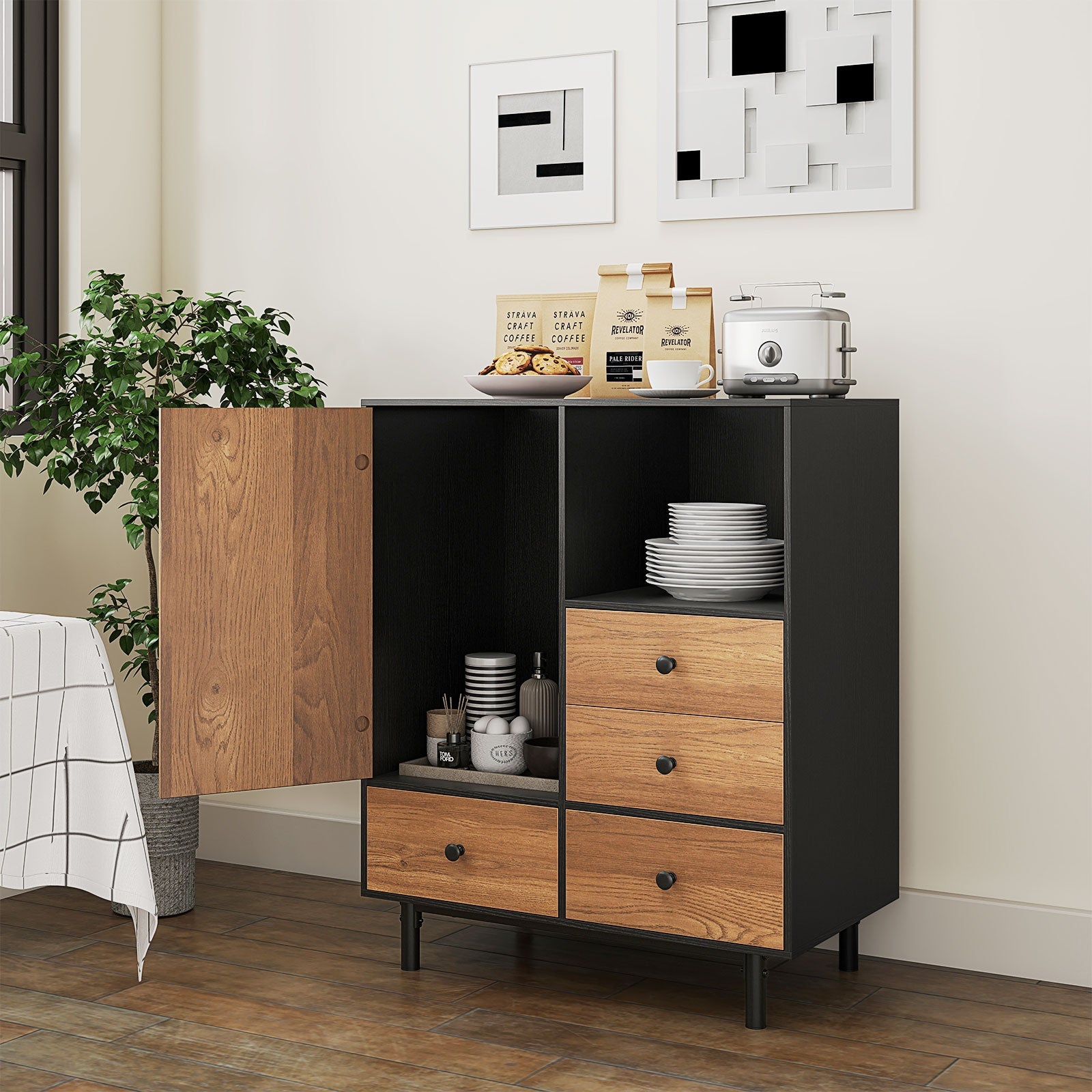 Buffet Sideboard Mid Century Modern Spacious Storage Cabinet with 4 Drawers-