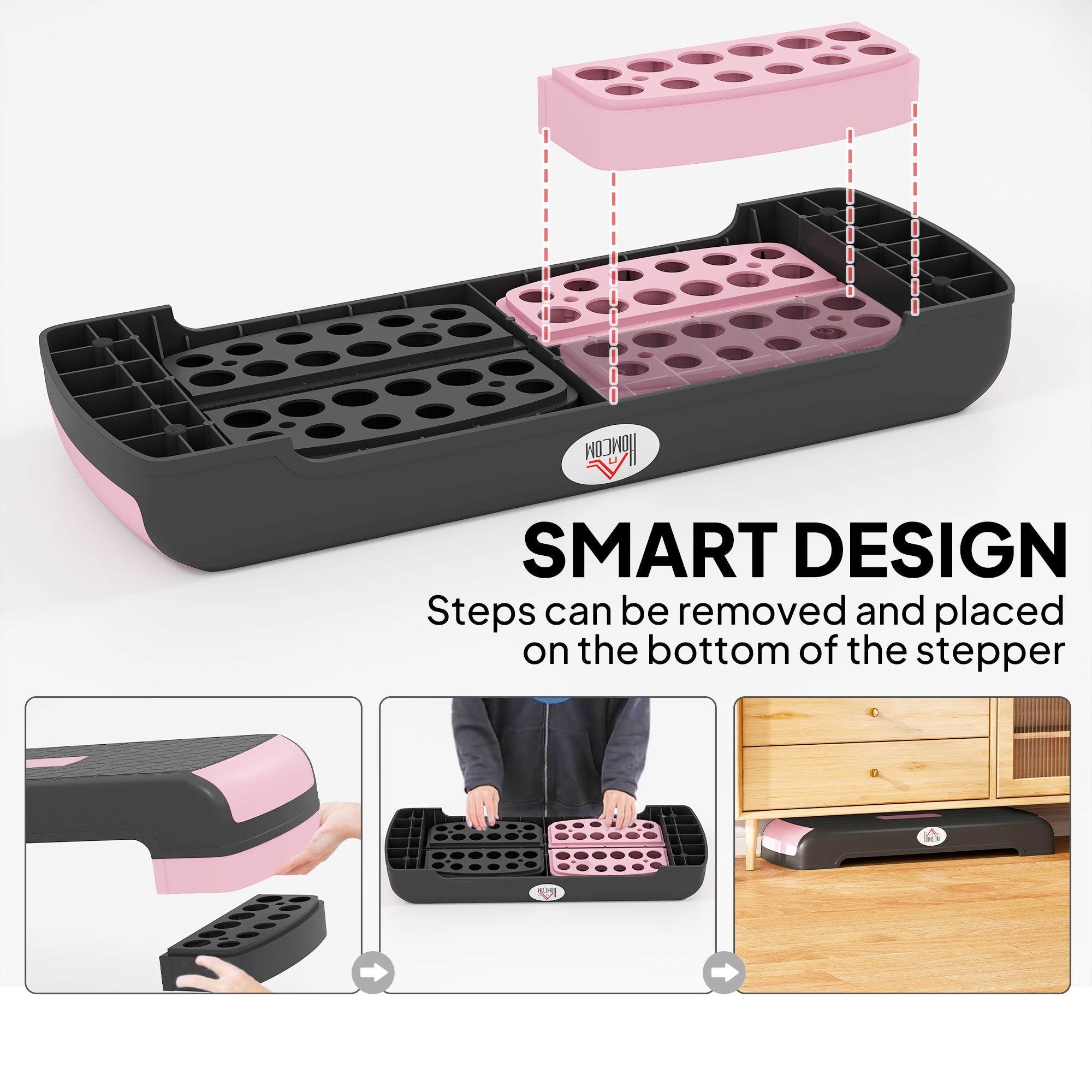 Elegant HOMCOM Aerobic Step with 3-Level Adjustable Heights for Home, Office Exercise, Black and Pink