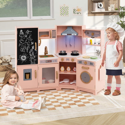 Corner Wooden Play Kitchen with Lights Sounds Toy Kitchen Playset-Espresso