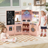 Corner Wooden Play Kitchen with Lights Sounds Toy Kitchen Playset-Espresso