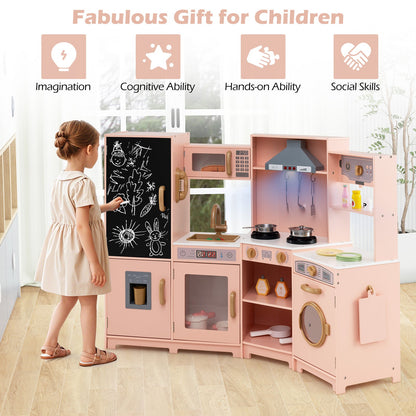 Corner Wooden Play Kitchen with Lights Sounds Toy Kitchen Playset-Espresso