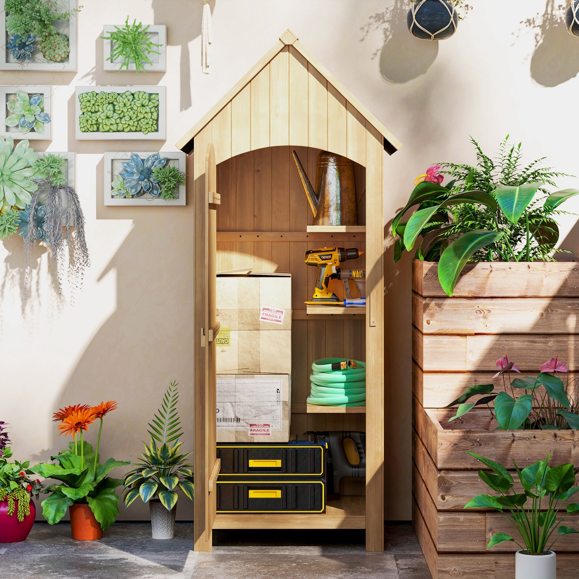 Outsunny Small Shed, Wooden Garden Spacious Storage Shed with 3 Shelves, Outdoor Tool Spacious Storage Cabinet with Tilt Roof and Lockable Door, 77.5 x 54.2 x 179.5 cm, Natural