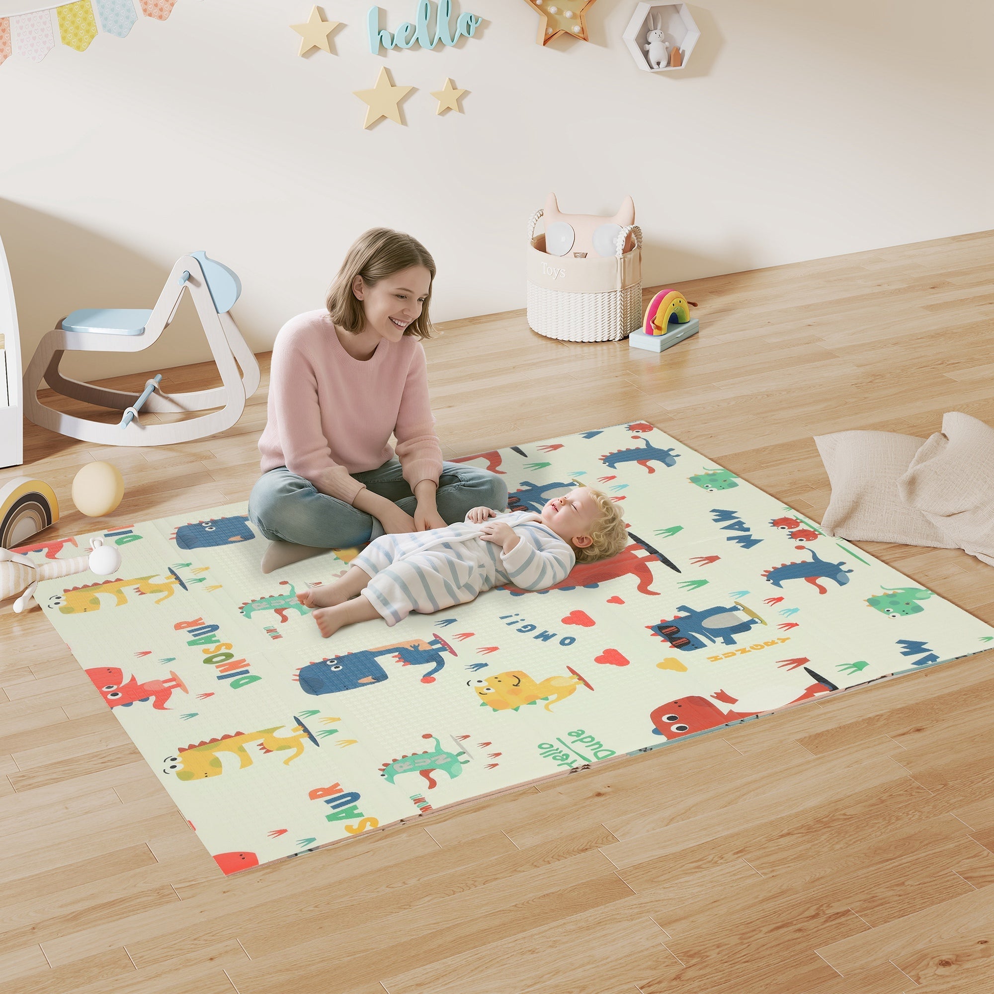AIYAPLAY Dinosaur-Themed Baby Plat Mat Double Sided, Foldable, Water-Resistant for Outdoor/Indoor, 177 x 146 x 1.5cm