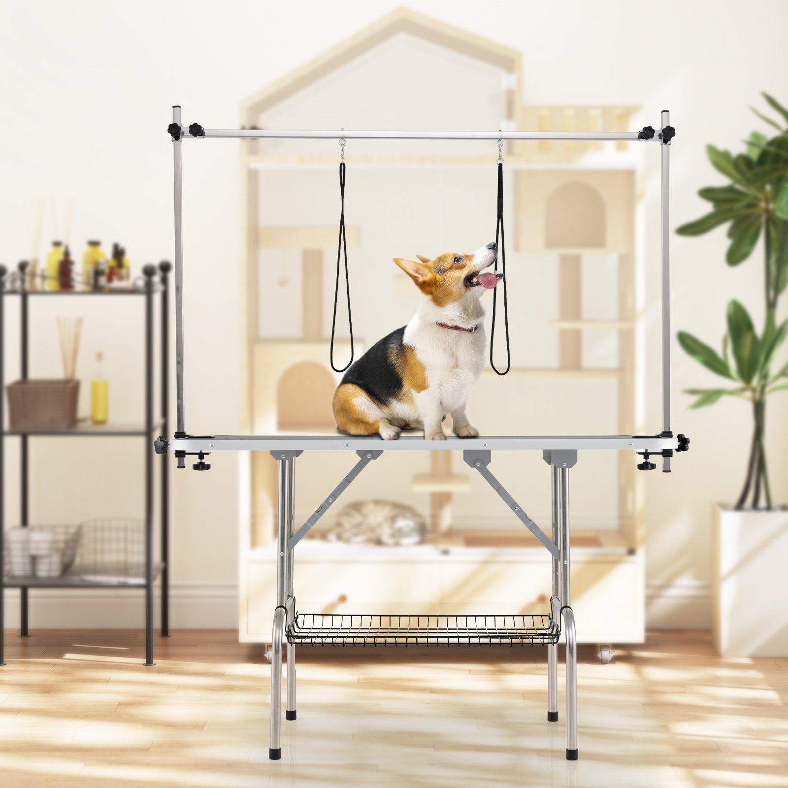 Foldable Dog Grooming Table with Height Adjustable Arms and Mesh Tray-