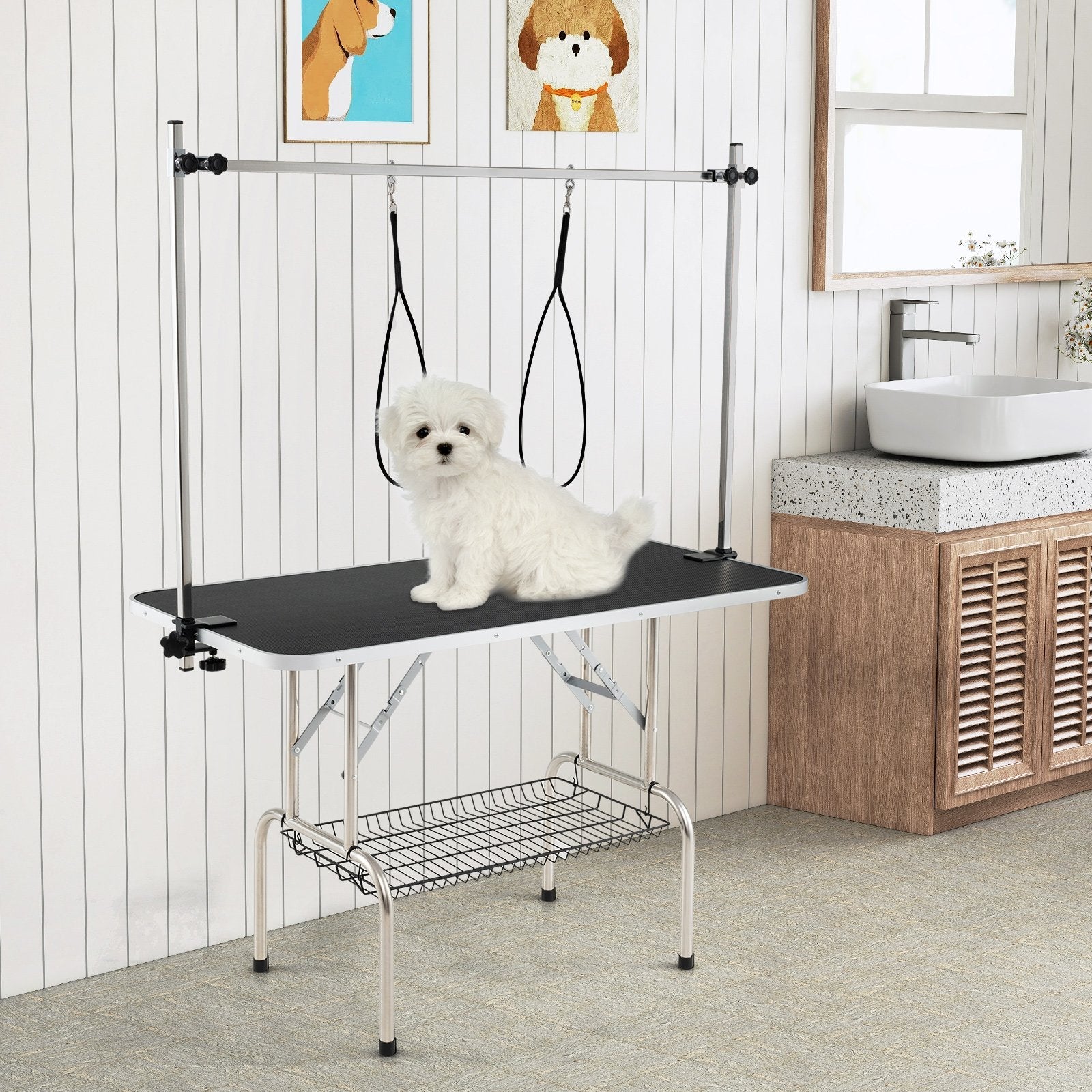 Foldable Dog Grooming Table with Height Adjustable Arms and Mesh Tray-