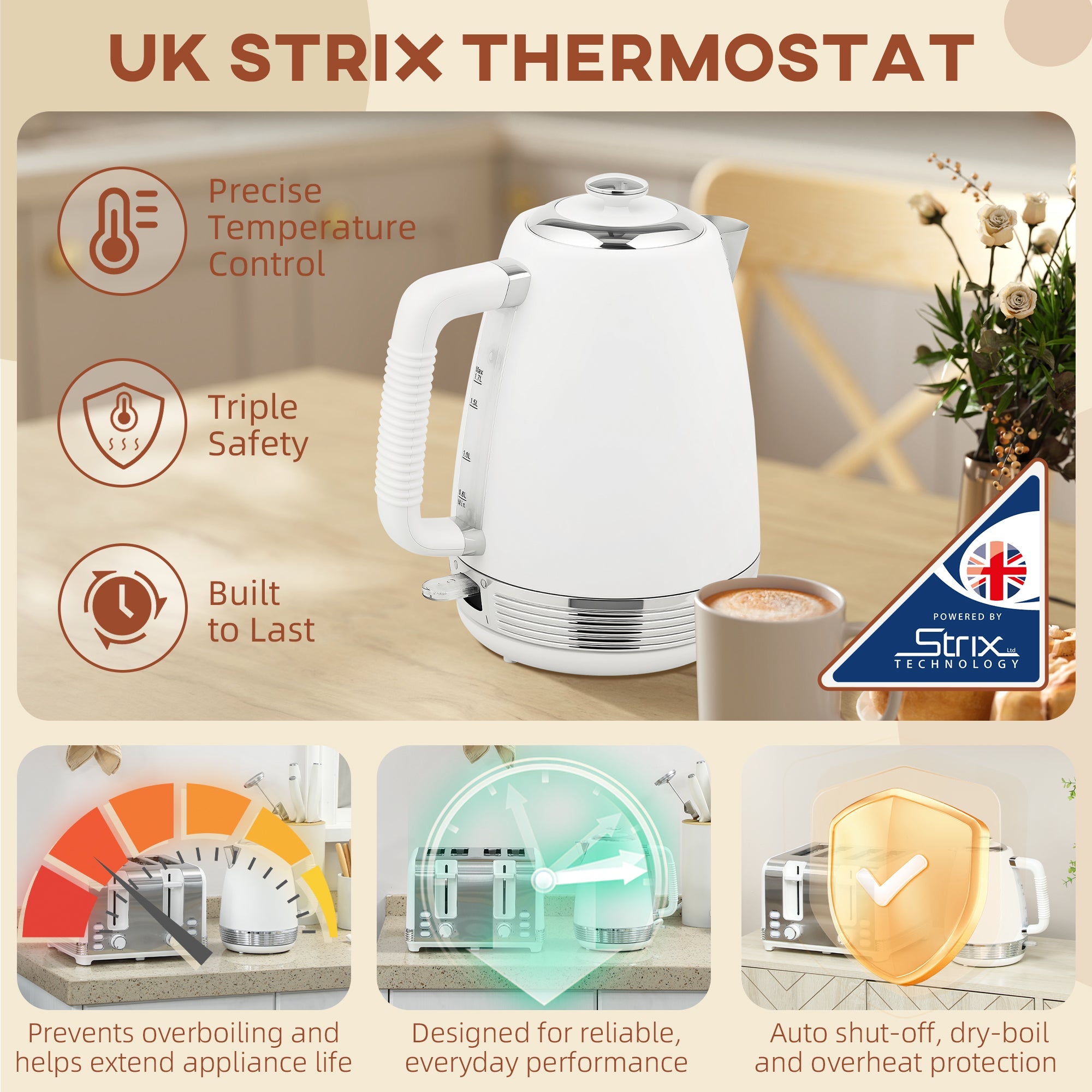 Elegant HOMCOM Stainless Steel Kettle and Toaster Set, 1.7L 3000W Rapid Boil Jug Kettle with UK Strix Thermostat, Limescale Filter, 4 Slice Toaster with 7 Browning Controls, Crumb Tray, White and Silver Tone