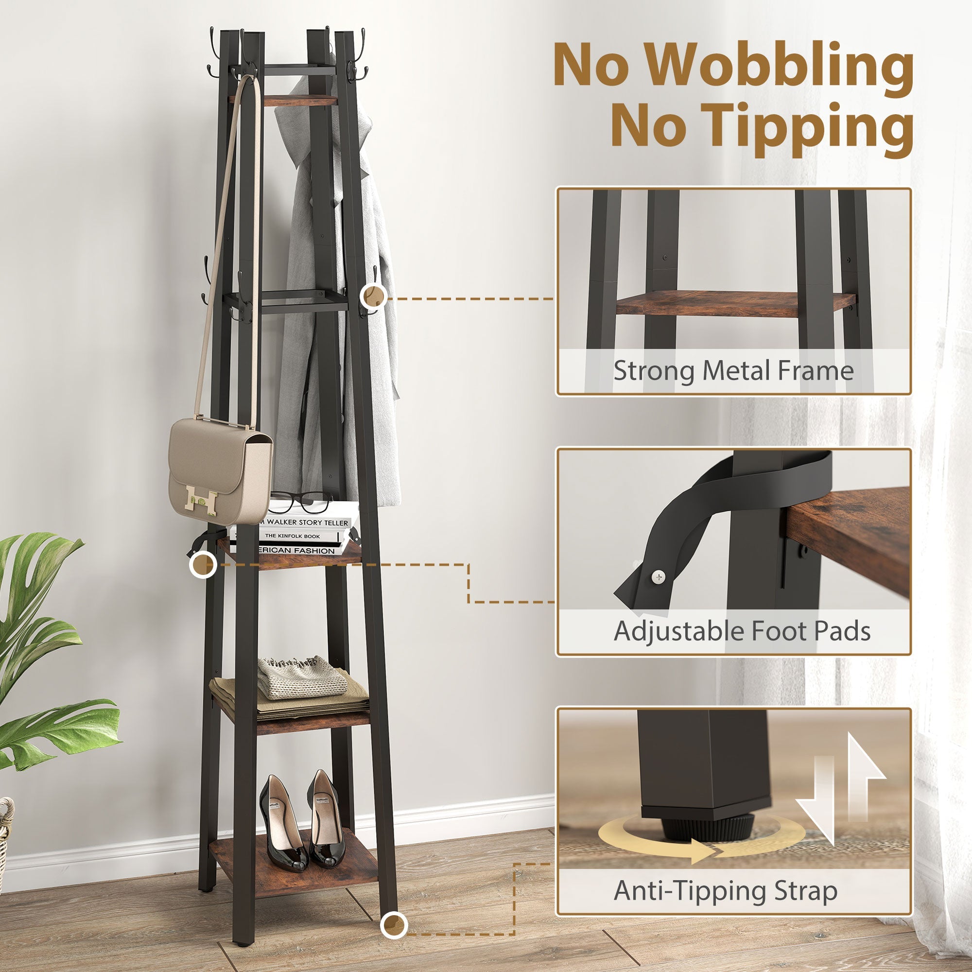 Elegant HOMCOM Industrial Coat Stand with 8 Hooks and 4 Shelves - Rustic Brown