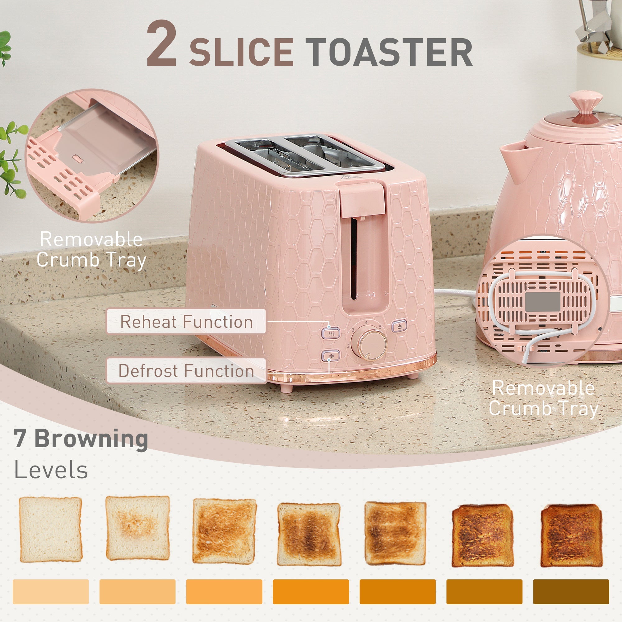 Elegant HOMCOM 1.7L 3000W Fast Boil Kettle & 2 Slice Toaster Set, Kettle and Toaster Set with Auto Shut Off, Browning Controls, Light Pink