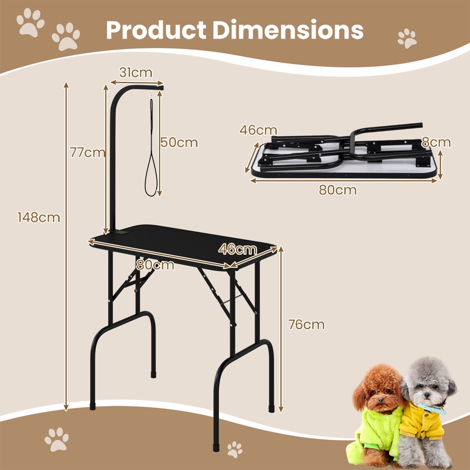 Foldable Dog Grooming Table with Height Adjustable Arms and Noose-