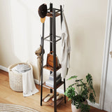 Elegant HOMCOM Industrial Coat Stand with 8 Hooks and 4 Shelves - Rustic Brown