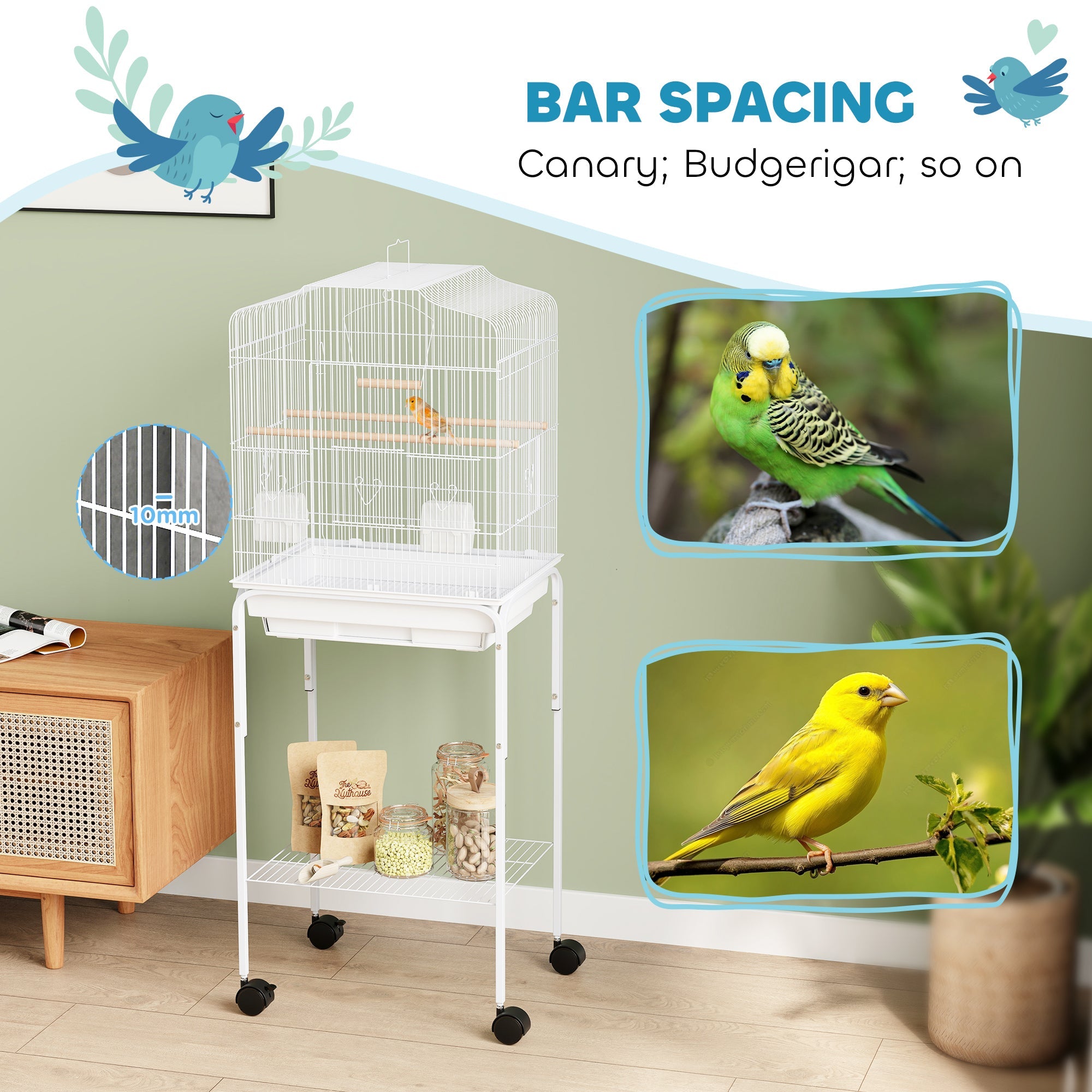 PawHut Bird Cage Budgie Cages for Finch Canary Parakeet with Stand Wheels Slide-out Tray Accessories Spacious Storage Shelf, White
