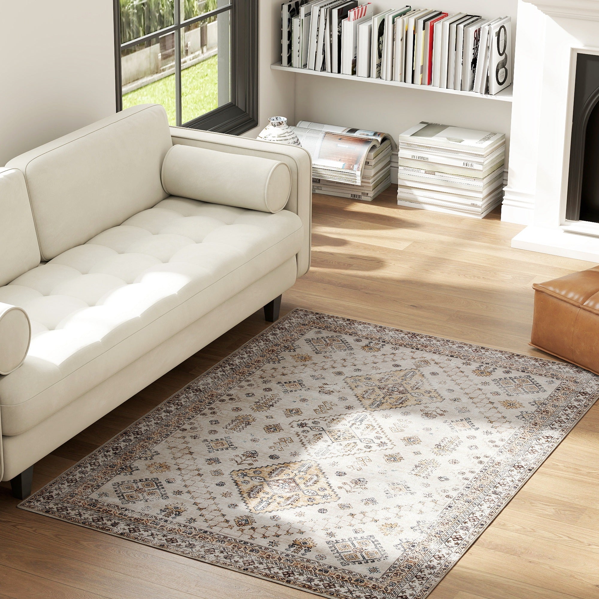 Elegant HOMCOM Vintage Area Rug, Non-Slip Washable Rug, Flannel Floor Carpet for Living Room, Bedroom, Dining Room, Home Office, 170 x 120 cm, Beige