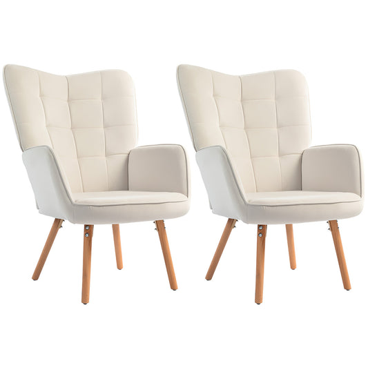 Elegant HOMCOM Modern Accent Chair Set of 2 Velvet-Touch Tufted Wingback Armchair Upholstered Leisure Lounge Sofa Club Chair with Wood Legs, Cream White