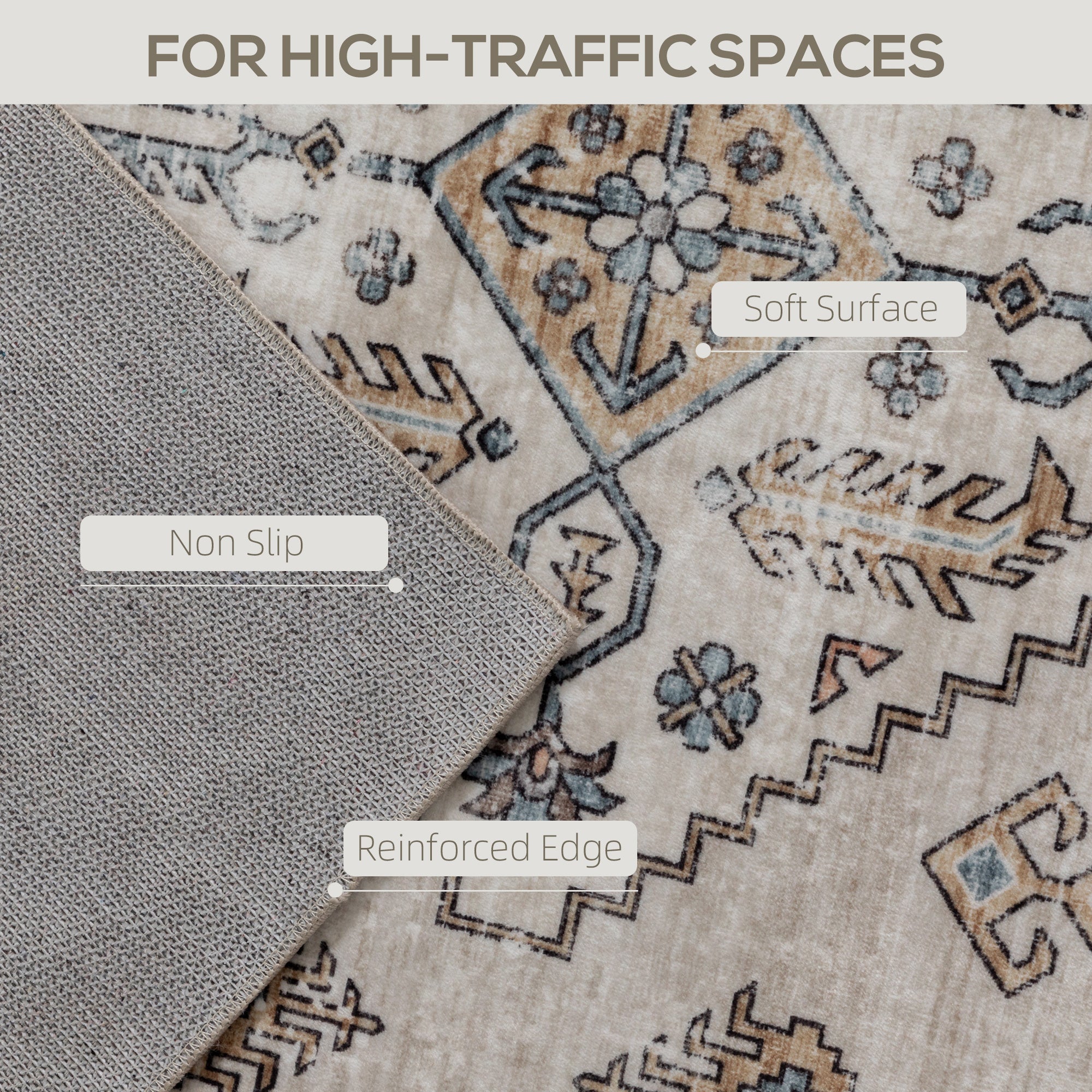 Elegant HOMCOM Vintage Area Rug, Non-Slip Washable Rug, Flannel Floor Carpet for Living Room, Bedroom, Dining Room, Home Office, 290 x 200 cm, Beige